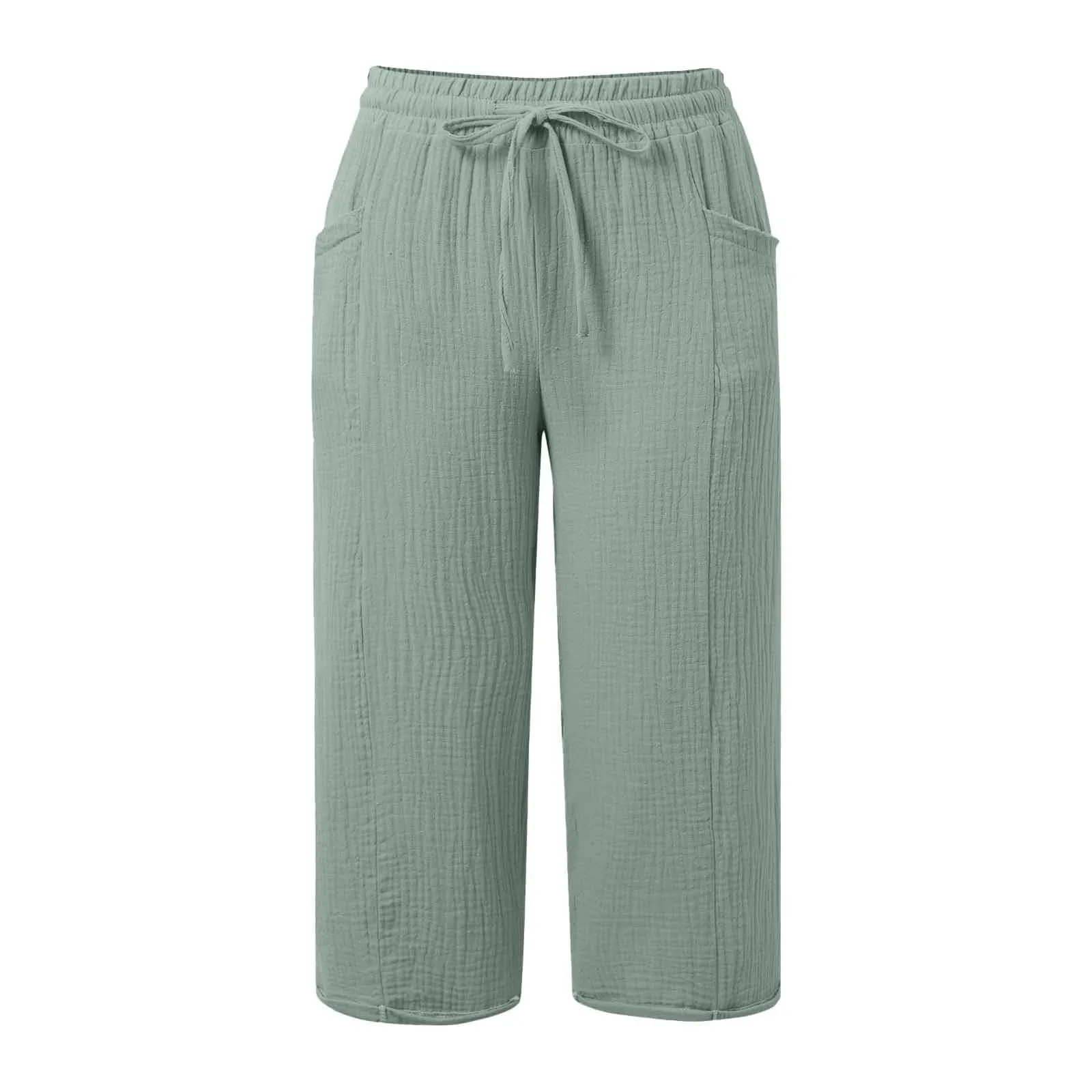 Generico Pantaloni Capri in Lino e Cotone per Donna, Vita Alta, Gamba Larga, Tinta Unita con Tasche - immagine 4