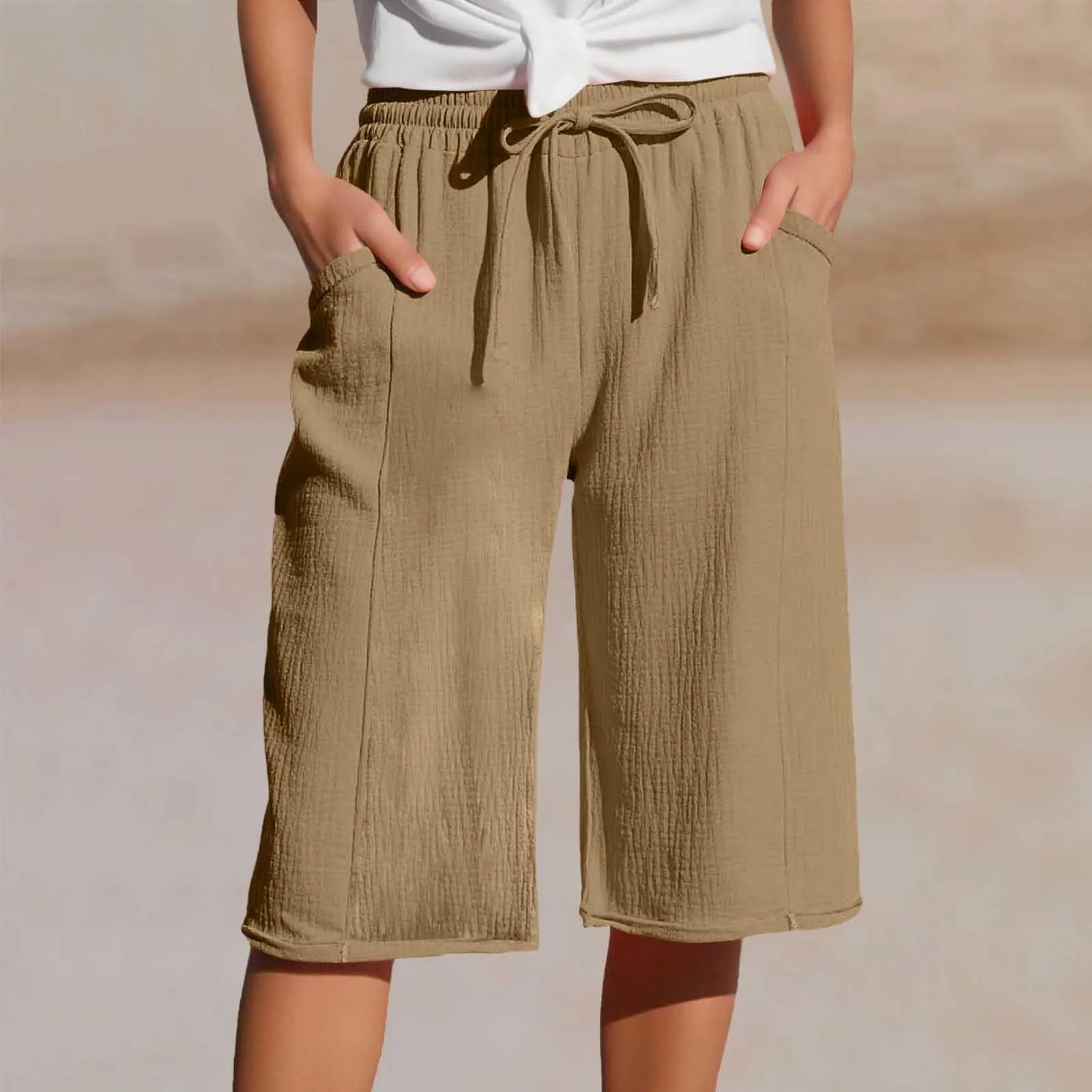 Generico Pantaloni Capri in Lino e Cotone Donna Vita Alta Larghi con Tasche Tinta Unita - immagine 2