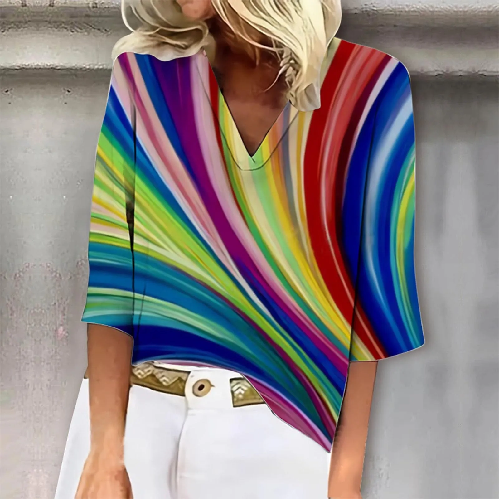 Uwdiohq T-Shirt Pullover da Donna con Stampa Floreale e Scollo a V, Top Casual con Maniche a Tre Quarti - immagine 2
