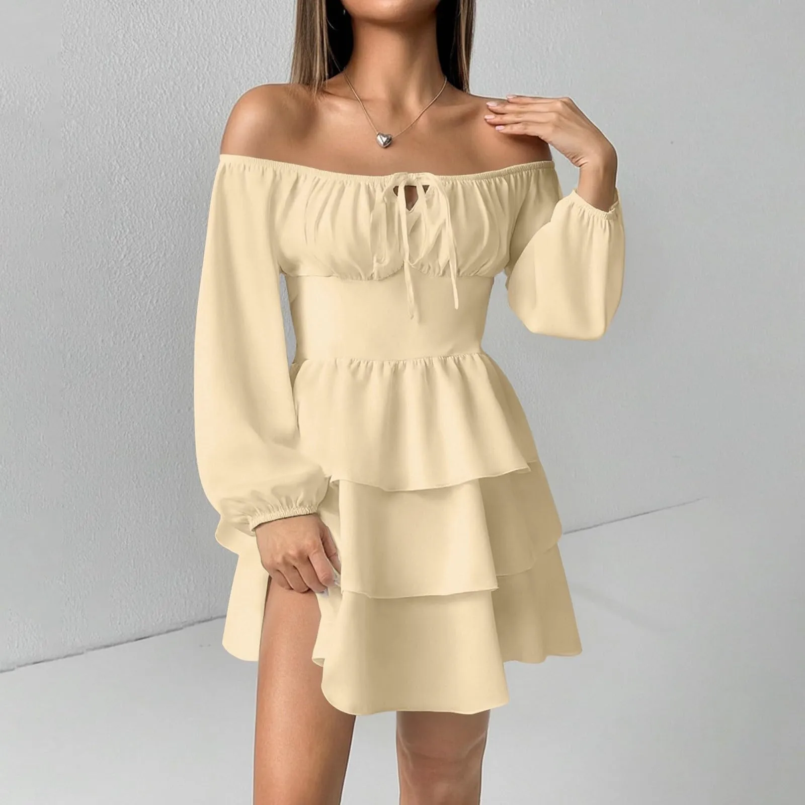 TOFOTL Vestito Estivo Donna Elegante Monospalla con Volant Maniche Lunghe Giallo M - immagine 8