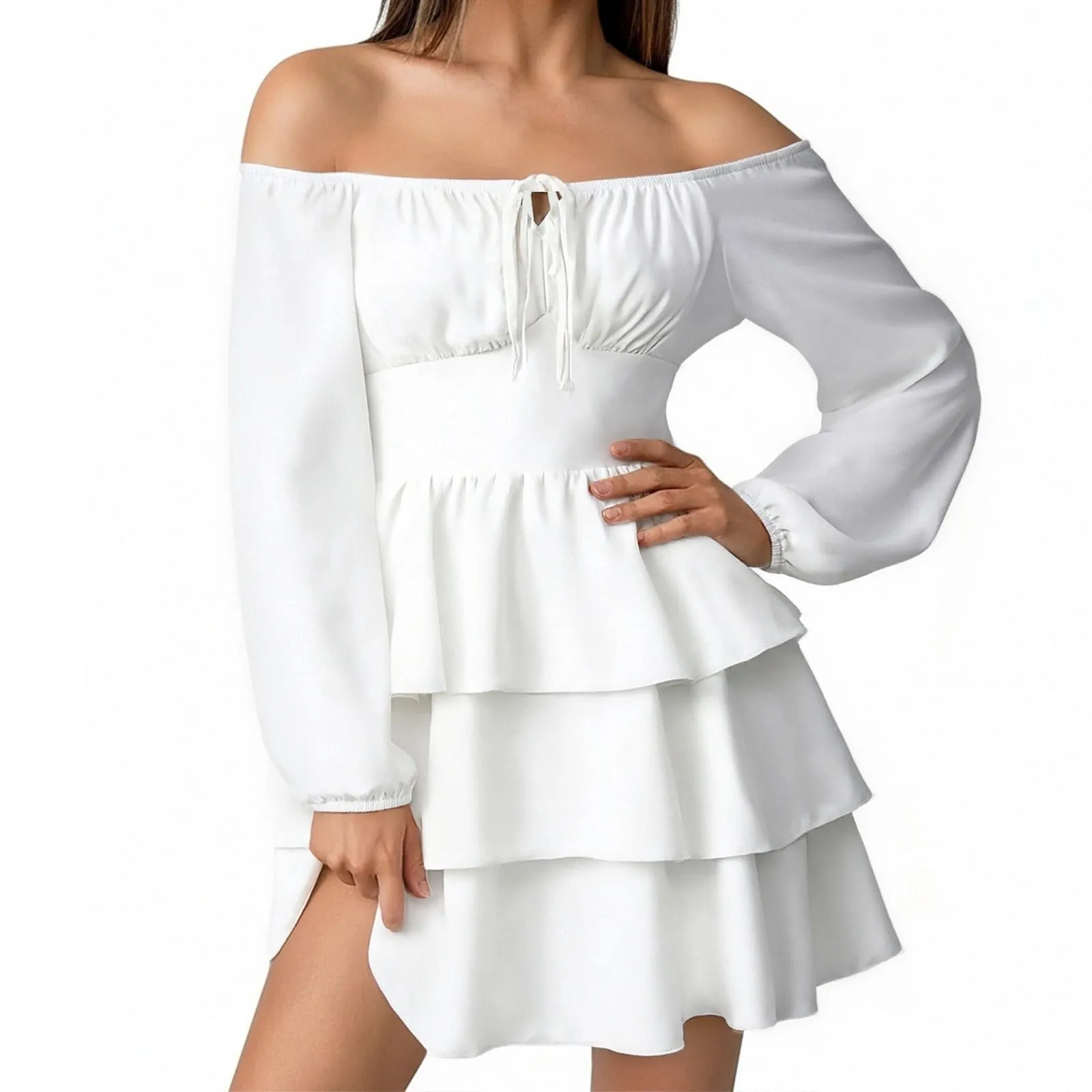 TOFOTL Abito Donna Corto Monospalla Linea Svasata con Volant, Bianco, L - immagine 4