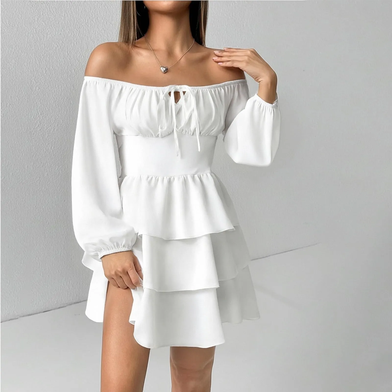 TOFOTL Abito Donna Corto Monospalla Linea Svasata con Volant, Bianco, L - immagine 8