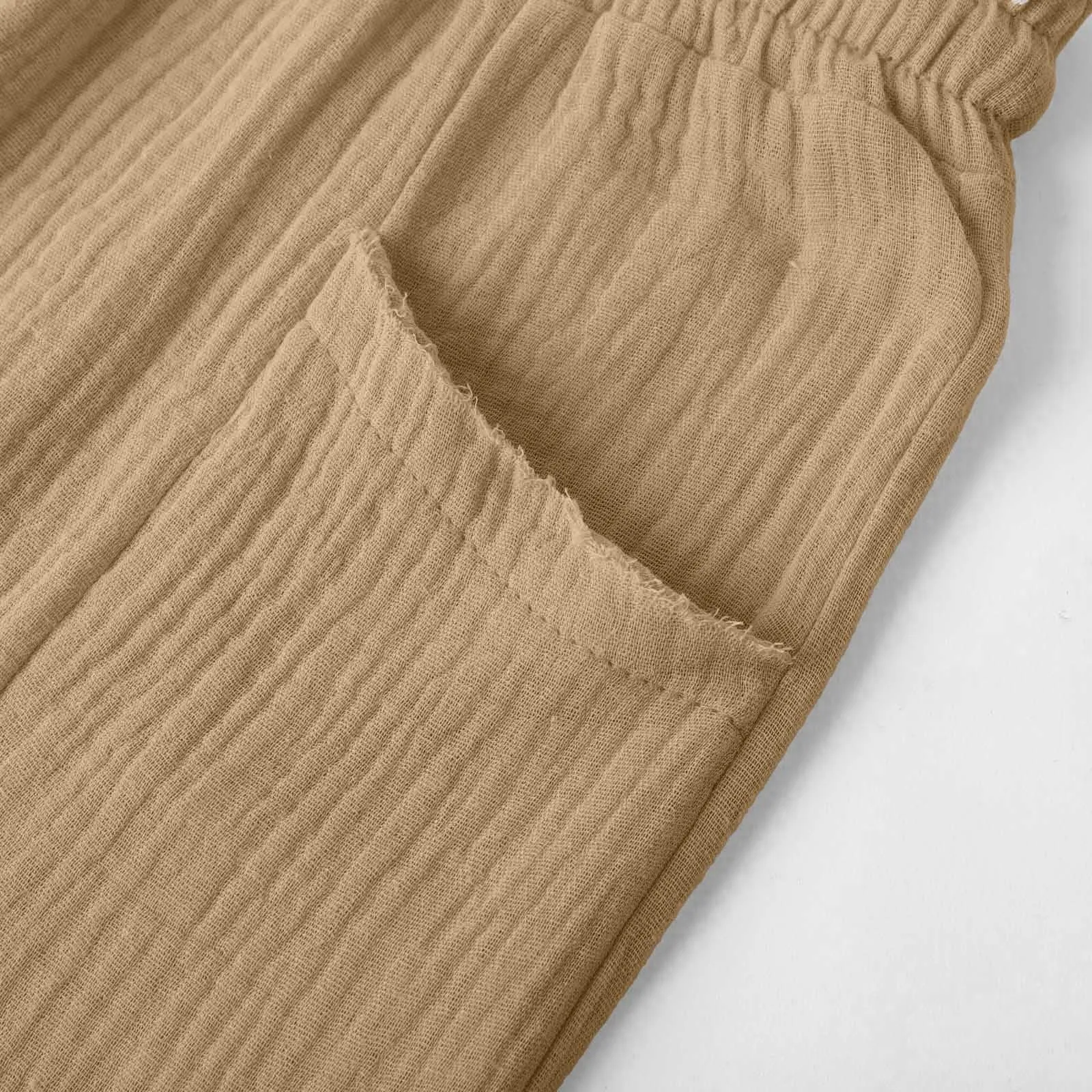 Generico Pantaloni Capri in Lino e Cotone Donna, Vita Alta, Gamba Larga, Tinta Unita con Tasche - immagine 7