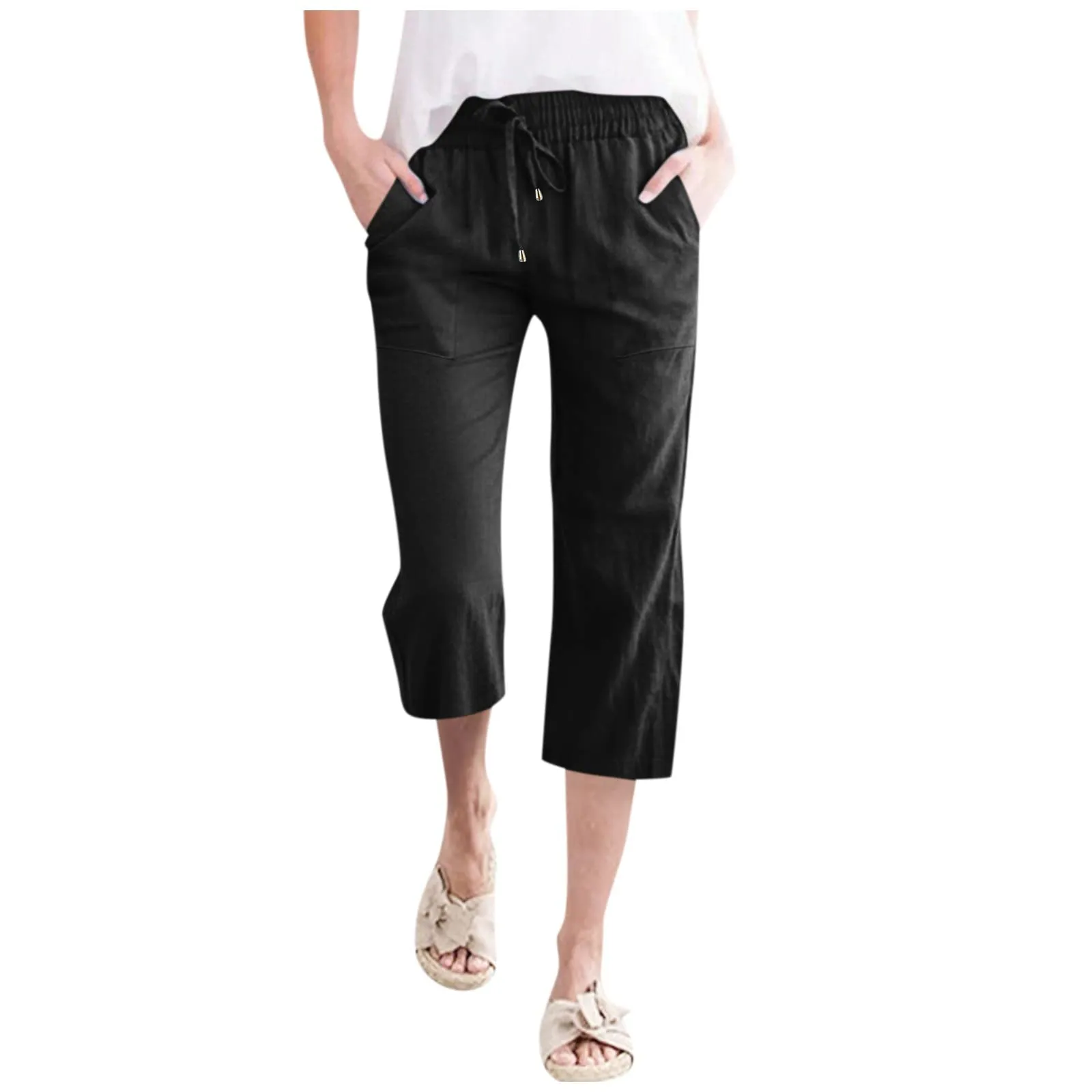 Generico Pantaloni Capri in Lino e Cotone Donna Vita Alta Larghi con Coulisse e Tasche Tinta Unita - immagine 1