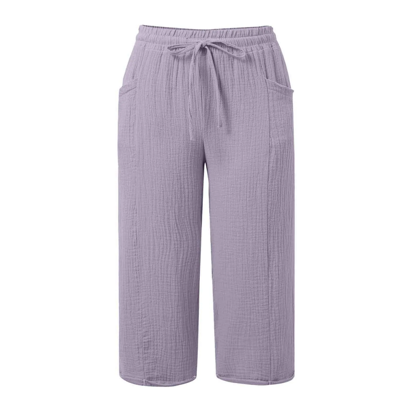 Generico Pantaloni Capri in Lino e Cotone Donna, Vita Alta Gamba Larga, Tinta Unita con Coulisse e Tasche - immagine 4