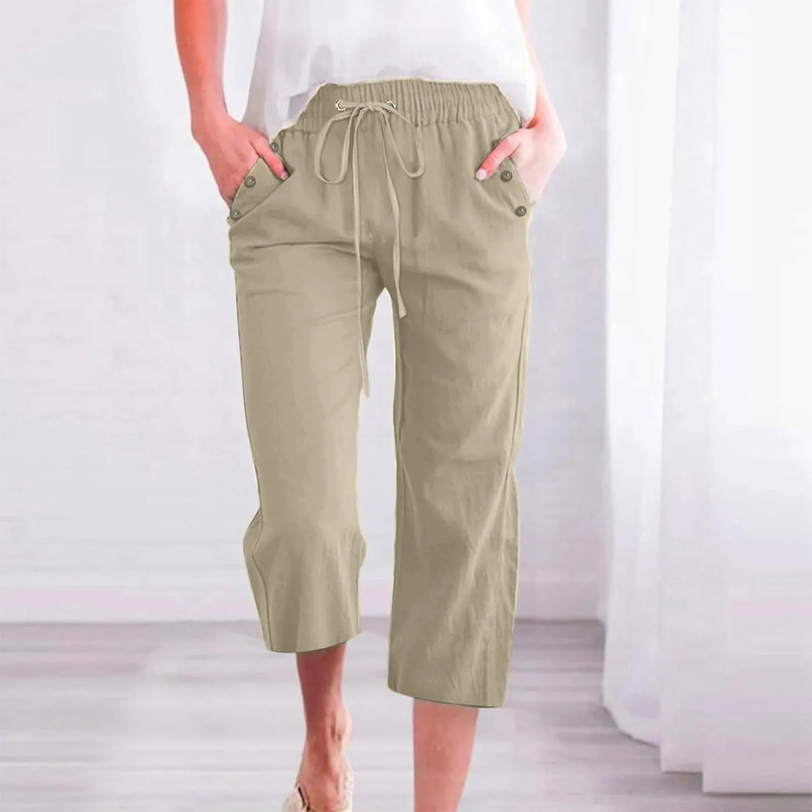Generico Pantaloni Capri in Lino e Cotone Donna, Vita Alta, Gamba Larga, Tinta Unita con Tasche - immagine 2