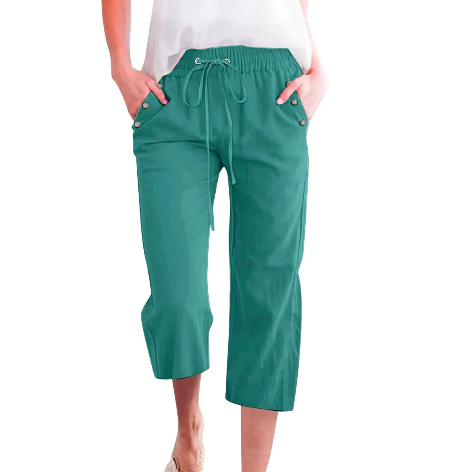 Generico Pantaloni Capri in Lino e Cotone Donna, Vita Alta, Gamba Larga, Tinta Unita con Tasche - immagine 1