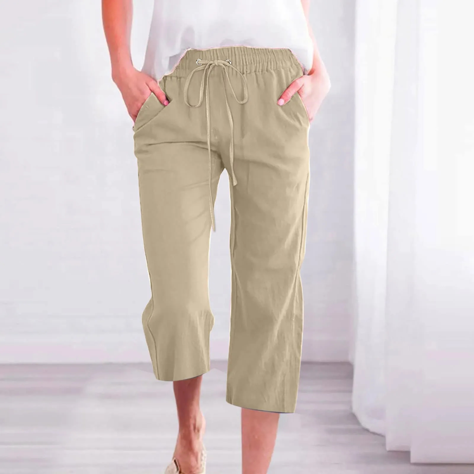 Generico Pantaloni Capri in Lino e Cotone Donna, Vita Alta, Gamba Larga, Tinta Unita con Tasche - immagine 2