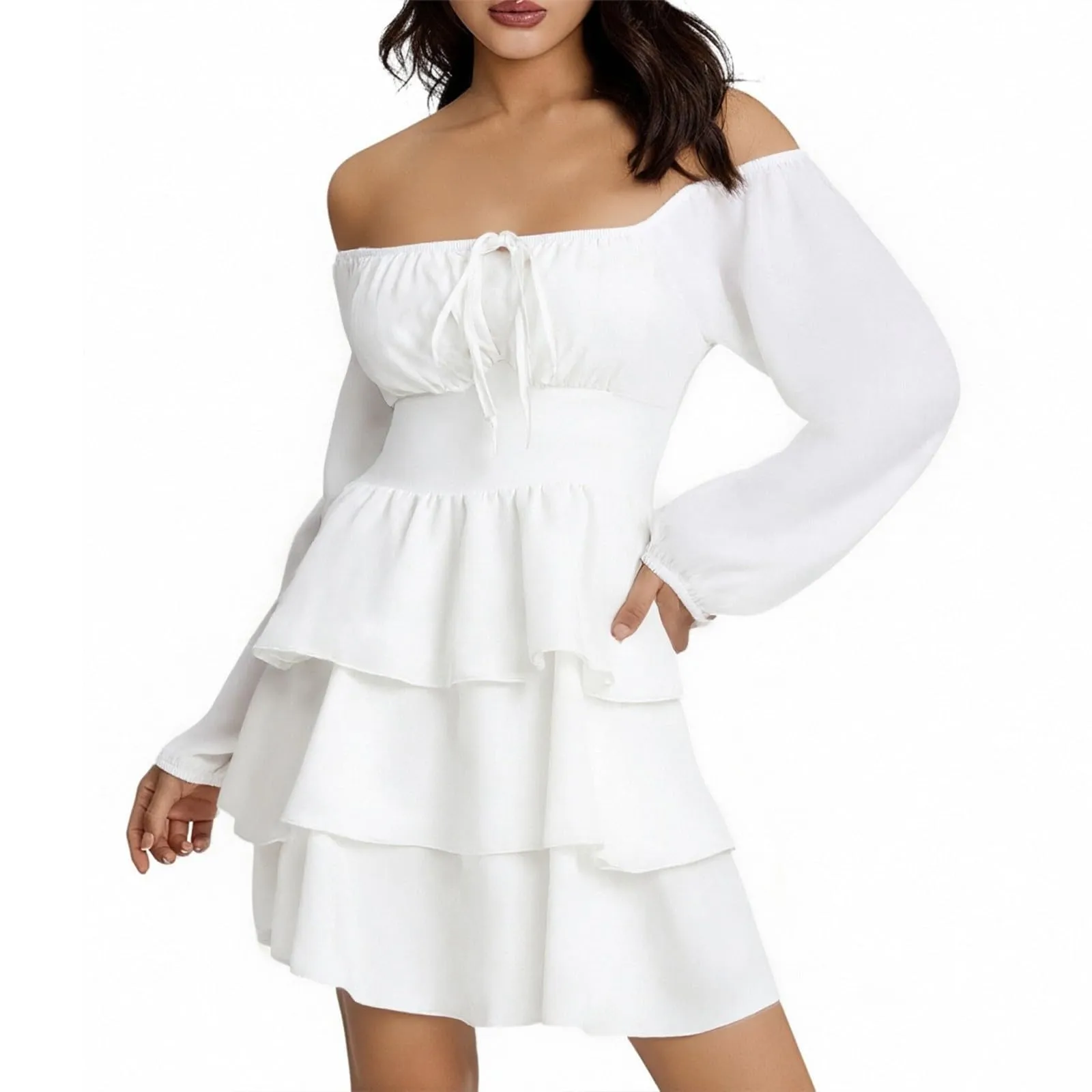 TOFOTL Abito Donna Maniche Lunghe Vita Alta Monospalla Bianco XL - immagine 2