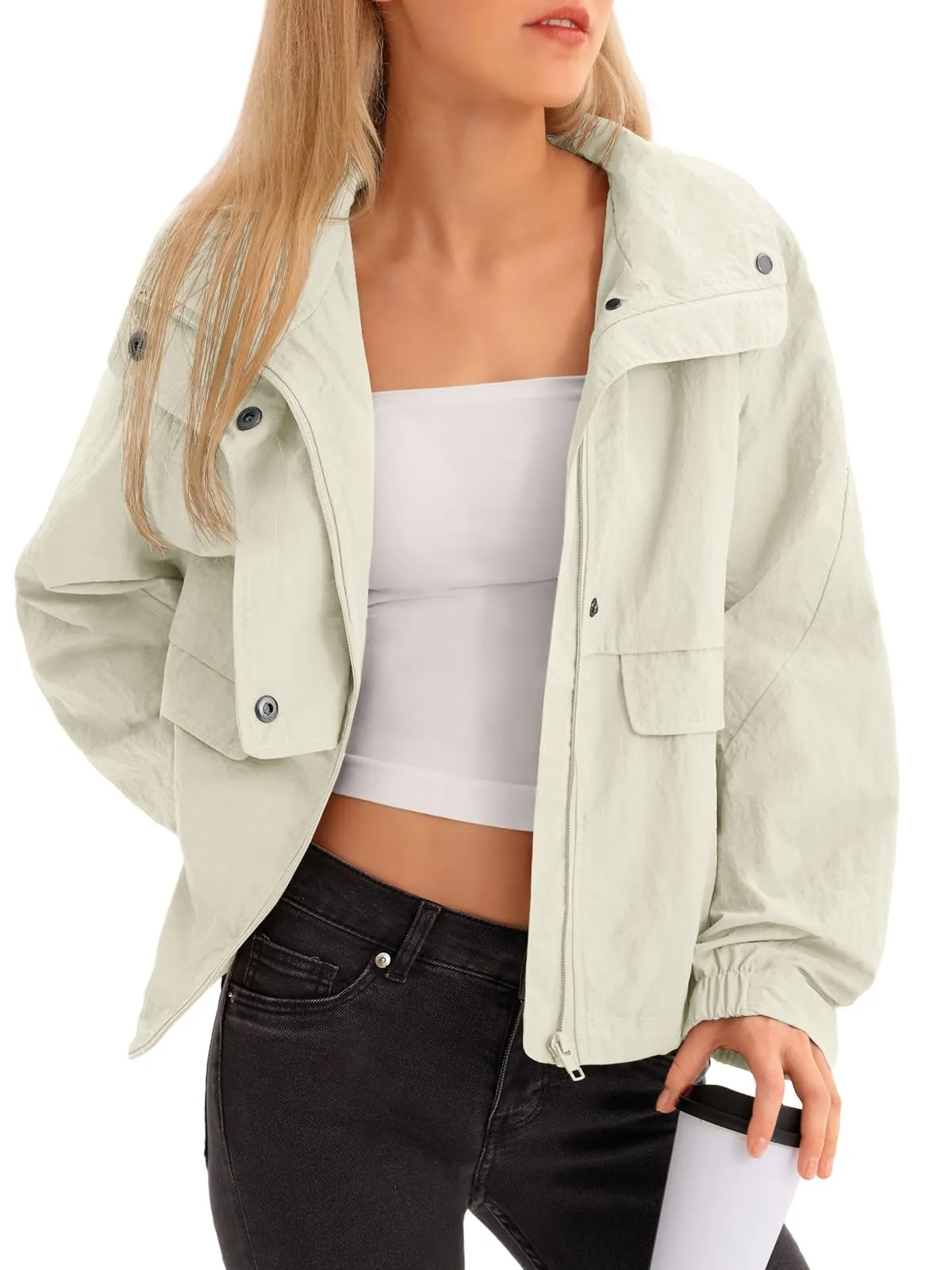 Fisoew Giacca Corta da Donna con Cappuccio, Impermeabile e Antivento, Beige, XL - immagine 1