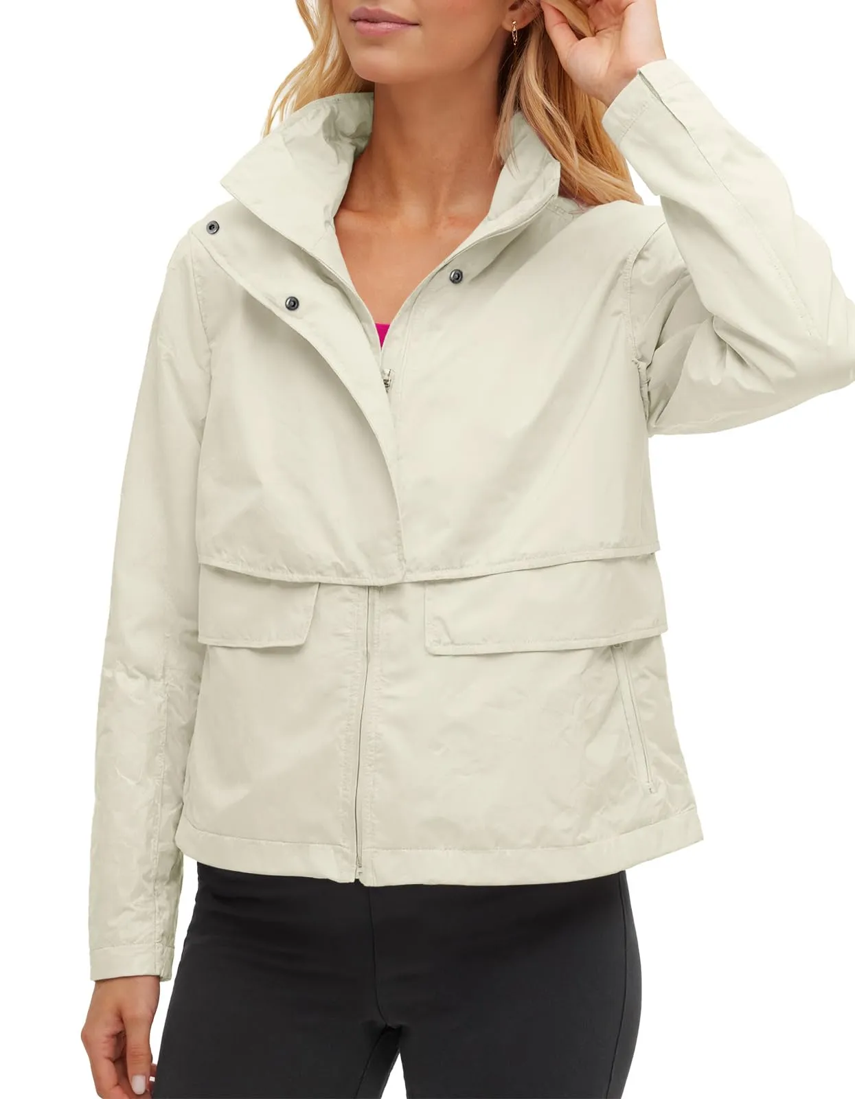 Fisoew Giacca Corta da Donna con Cappuccio, Impermeabile e Antivento, Beige, XL - immagine 2