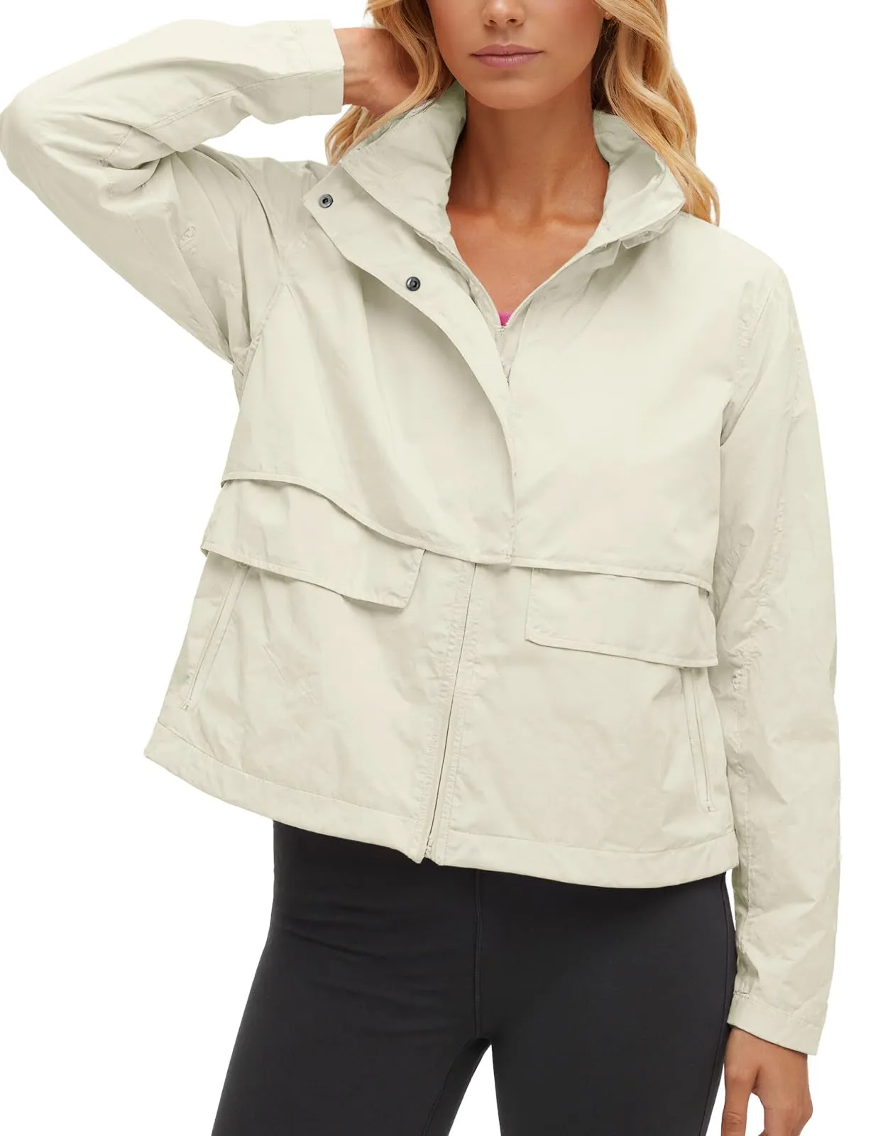 Fisoew Giacca Corta da Donna con Cappuccio, Impermeabile e Antivento, Beige, XL - immagine 3
