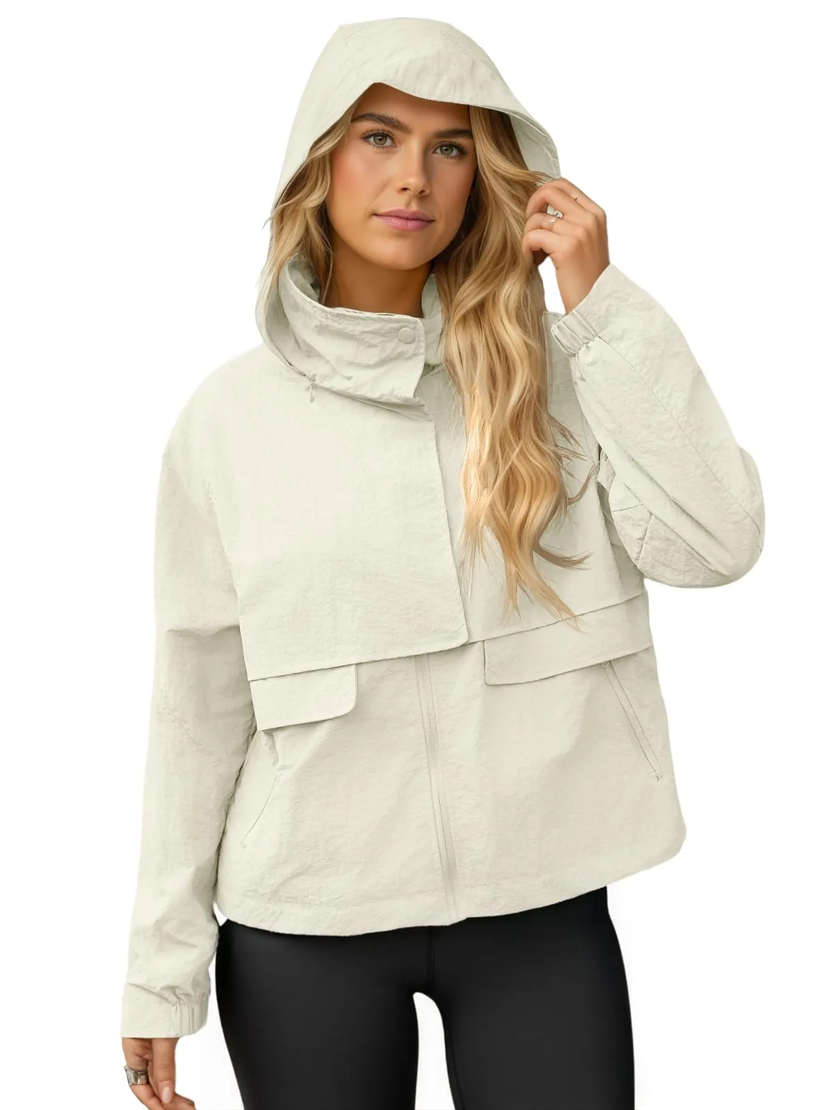 Fisoew Giacca Corta da Donna con Cappuccio, Impermeabile e Antivento, Beige, XL - immagine 4