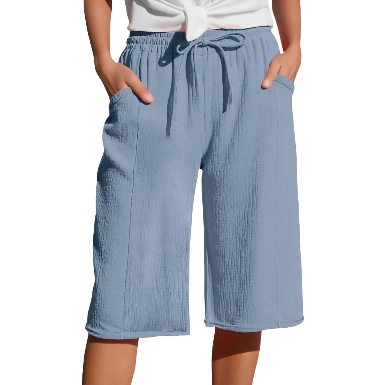Generico Pantaloni Capri in Lino e Cotone Donna, Vita Alta, Gamba Larga, Tinta Unita con Tasche - immagine 1