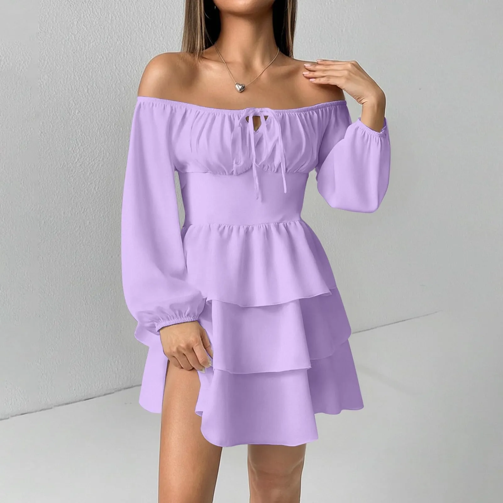 TOFOTL Vestito Donna Corto Monospalla Linea Svasata Viola S - immagine 3