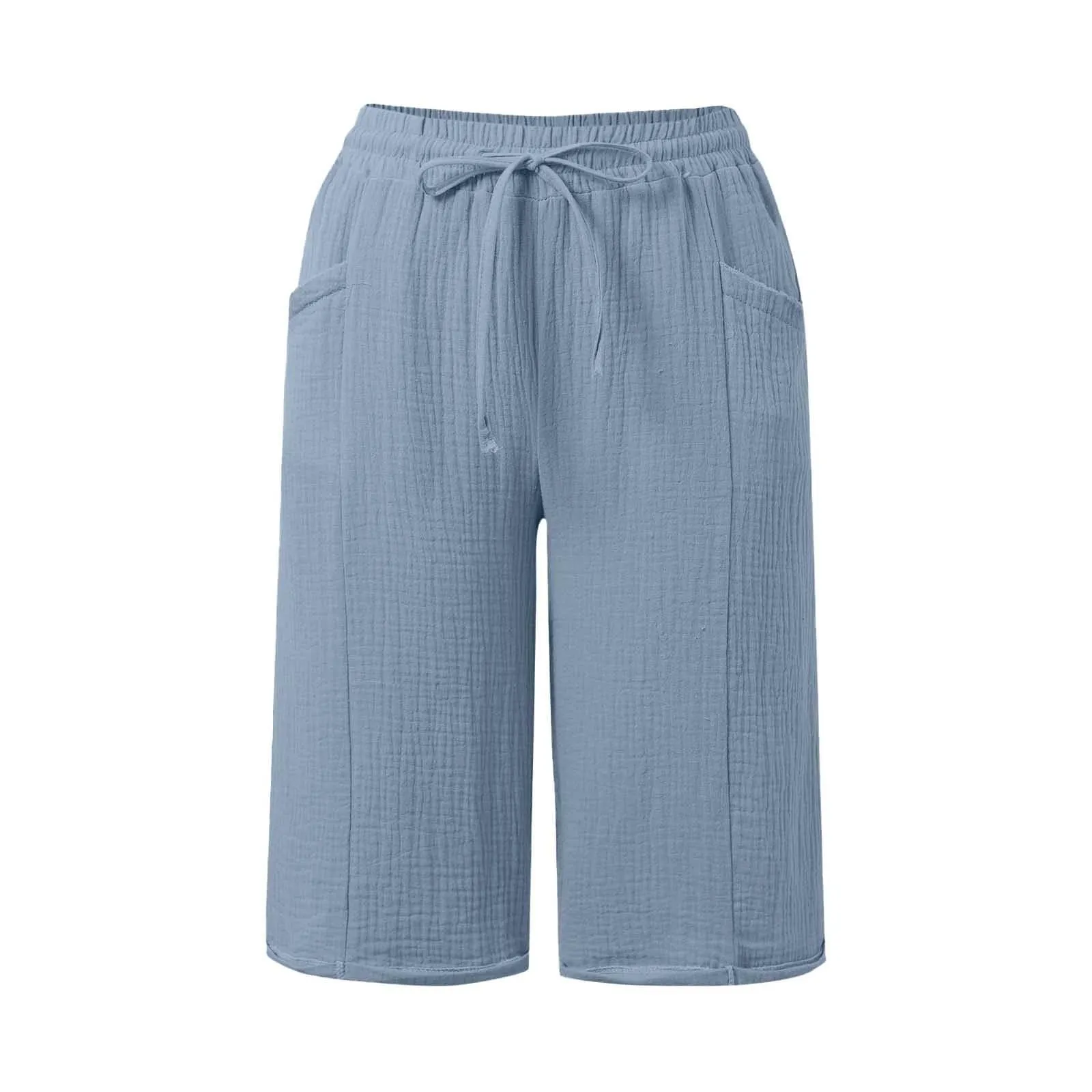 Generico Pantaloni Capri in Lino e Cotone per Donna, Vita Alta Larghi con Coulisse e Tasche, Tinta Unita - immagine 7