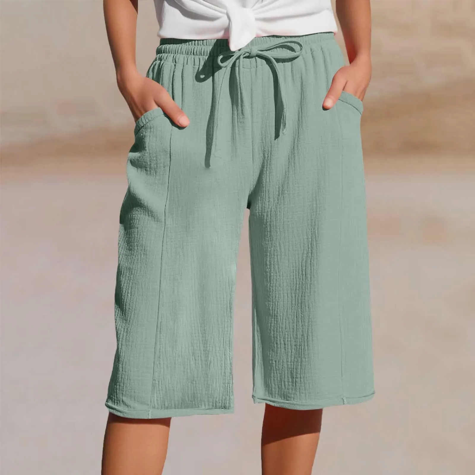 Generico Pantaloni Capri in Lino e Cotone Donna, Vita Alta, Gamba Larga, Tinta Unita con Tasche - immagine 2