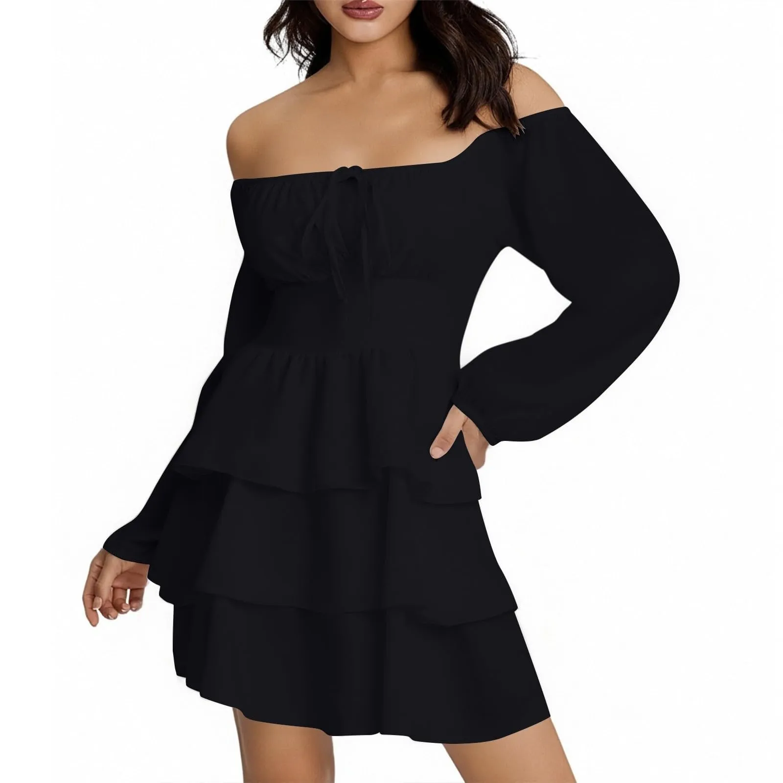 TOFOTL Vestito Monospalla Donna Mini con Volant e Maniche Lunghe, Nero, S - immagine 2