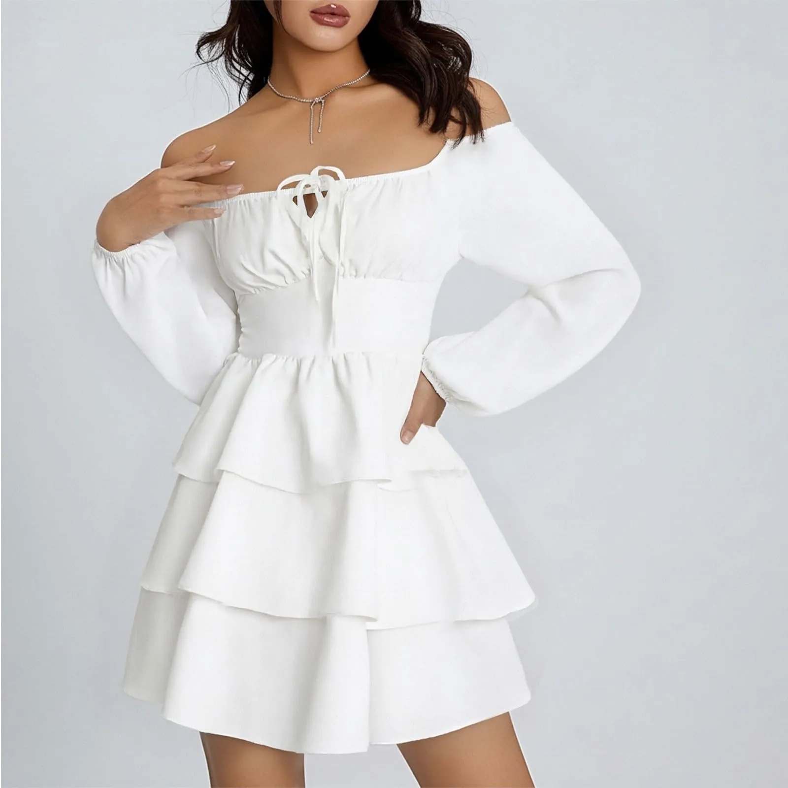 TOFOTL Vestito Donna Corto Monospalla con Volant Bianco M - immagine 3