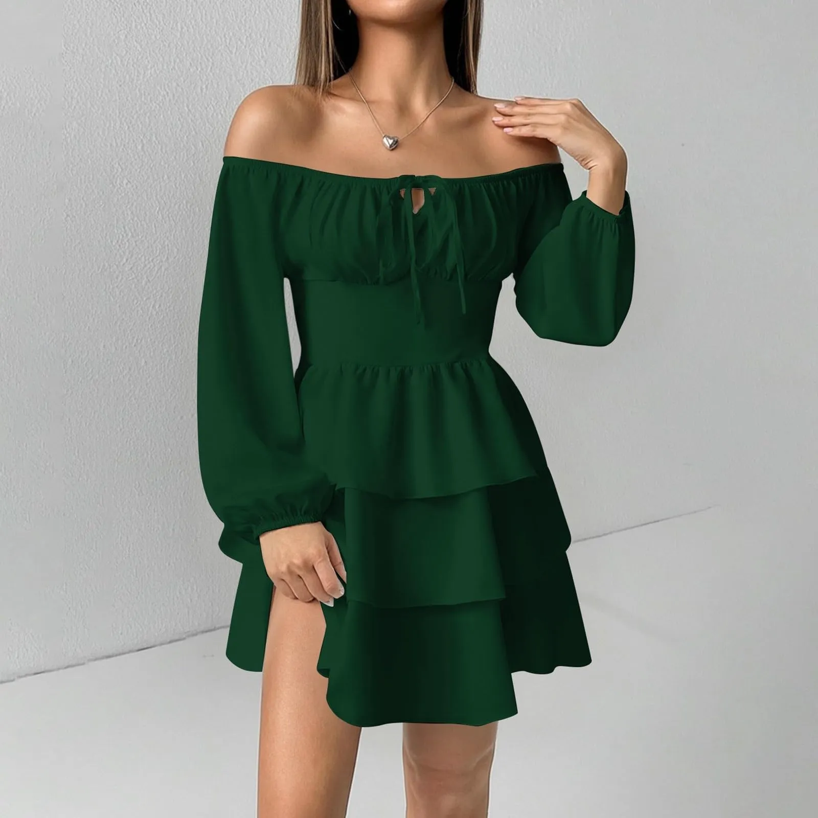 TOFOTL Vestito Corto Donna Monospalla a Vita Alta con Volant, Maniche Lunghe, Mini Linea Svasata, Verde M - immagine 3