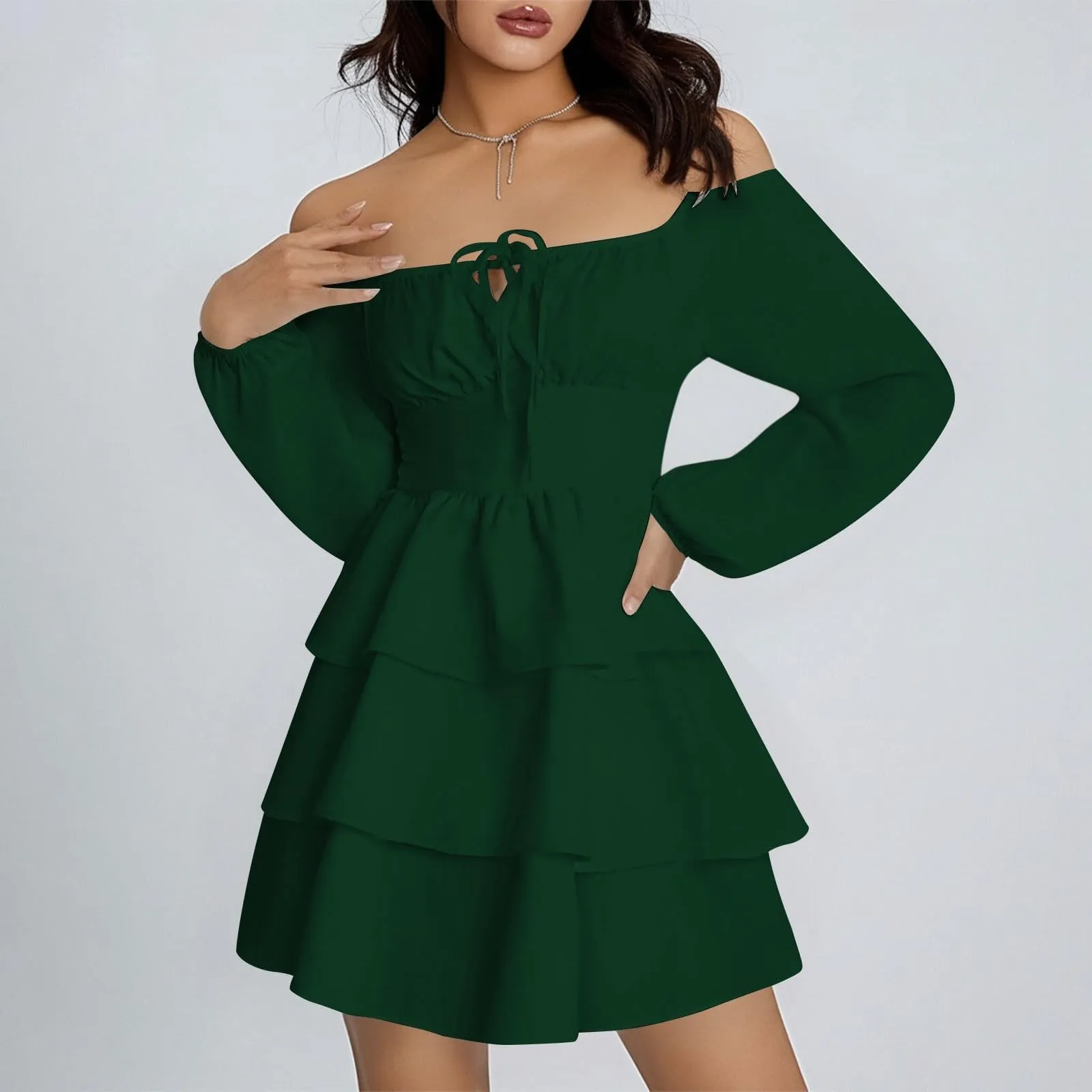 TOFOTL Vestito Corto Donna Monospalla a Vita Alta con Volant, Maniche Lunghe, Mini Linea Svasata, Verde M - immagine 8
