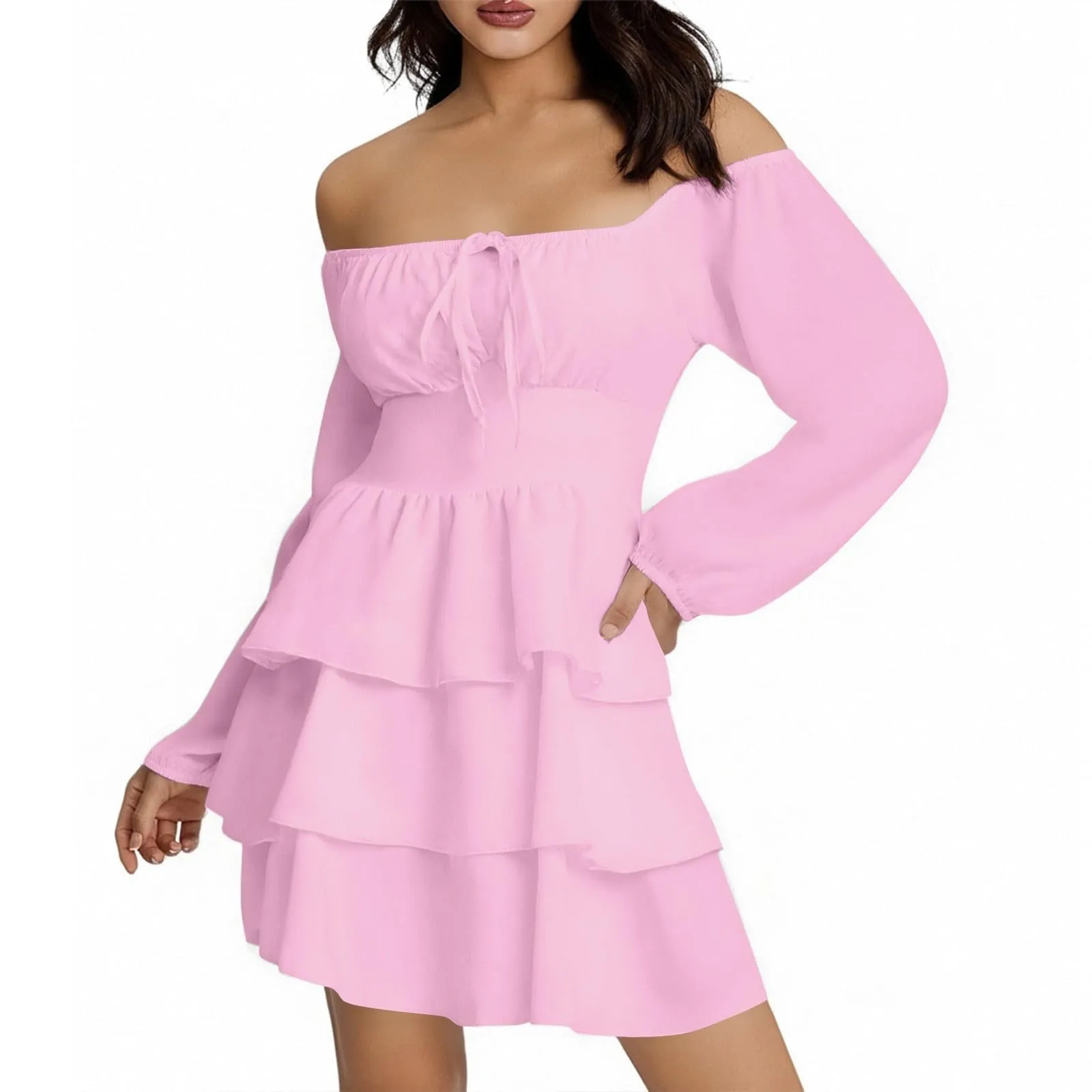 TOFOTL Vestito Monospalla con Volant a Vita Alta, Linea Svasata Mini, Maniche Lunghe, Rosa M - immagine 2