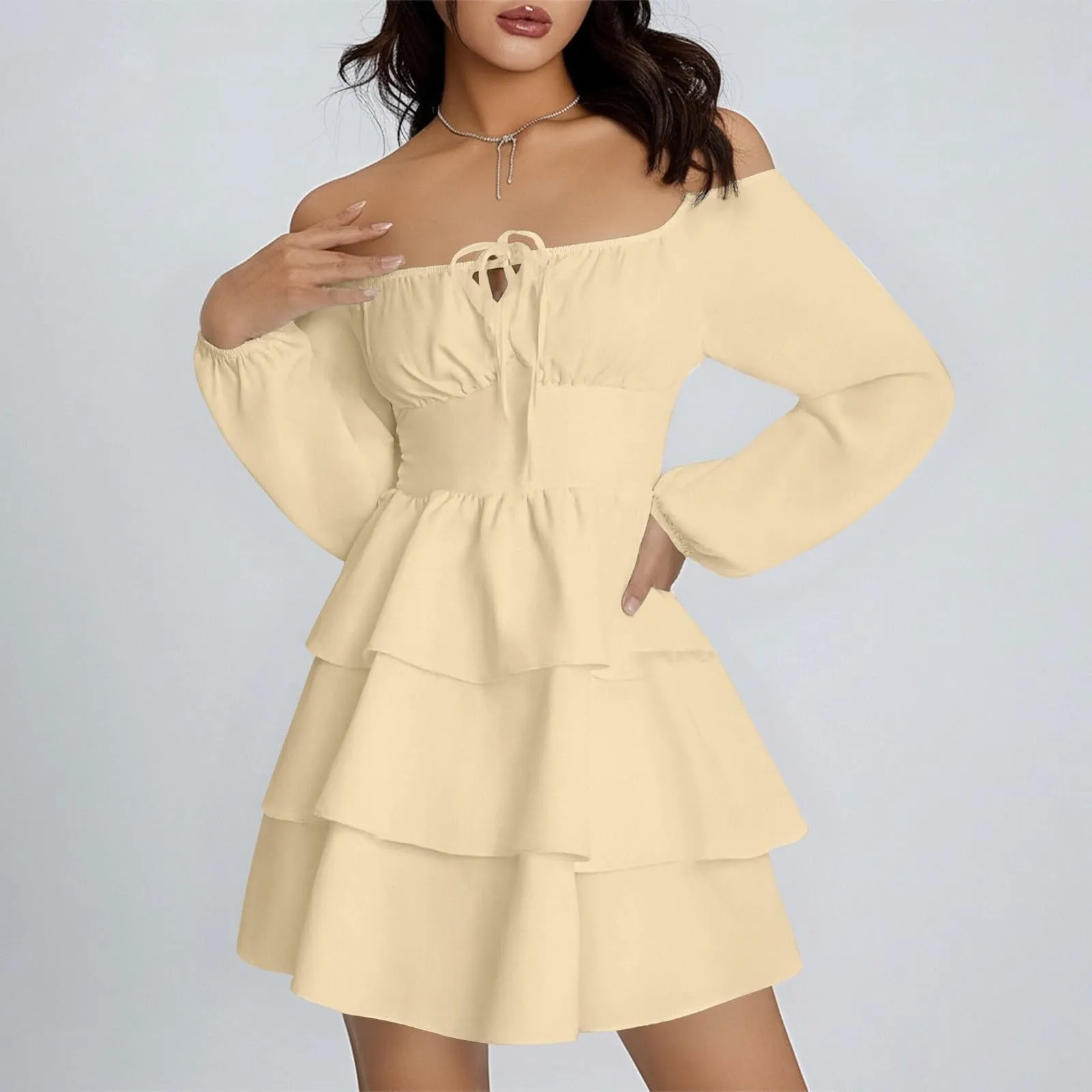 TOFOTL Abito Elegante Monospalla con Volant, Vita Alta, Linea Svasata, Mini Corto, Giallo, L - immagine 3
