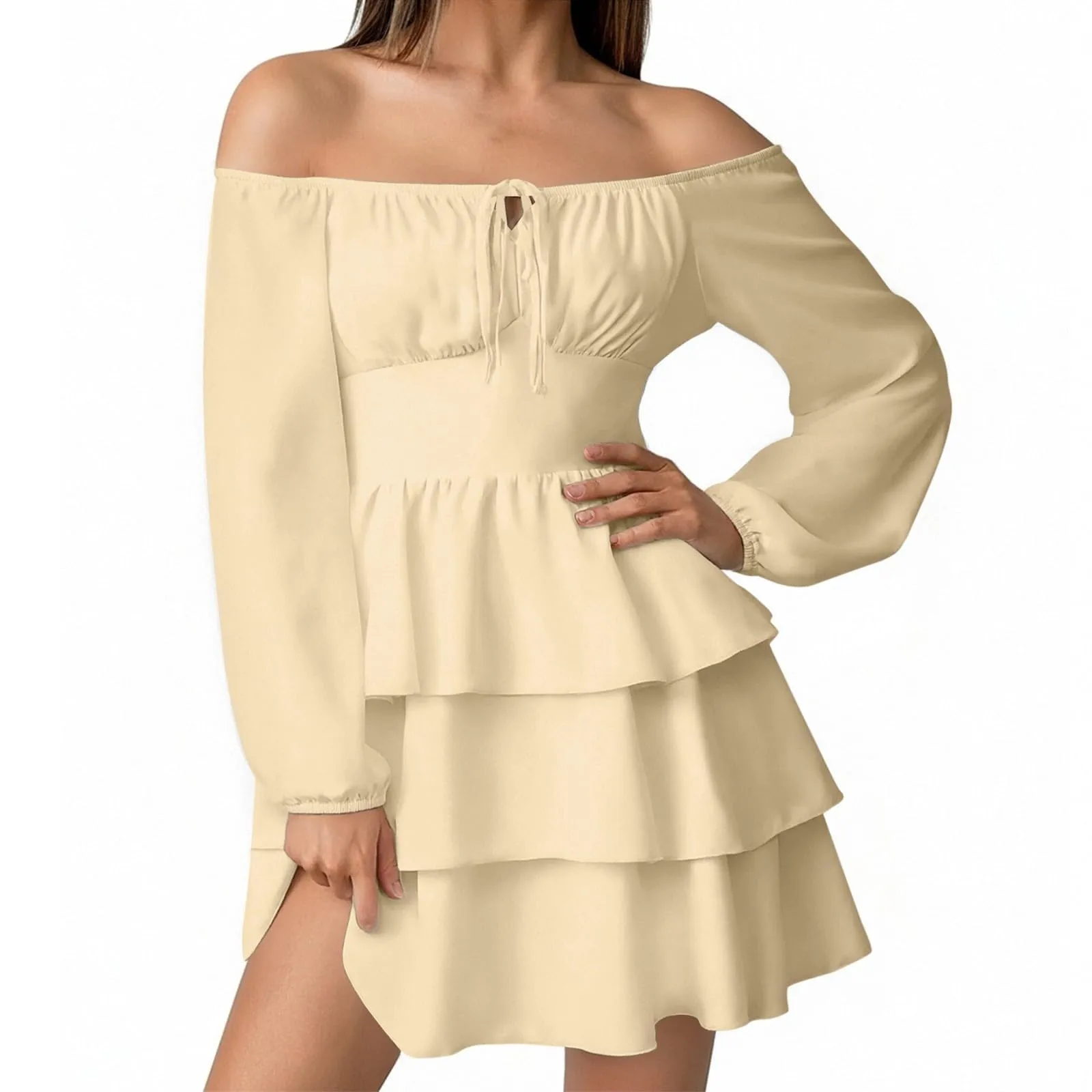 TOFOTL Abito Elegante Monospalla con Volant, Vita Alta, Linea Svasata, Mini Corto, Giallo, L - immagine 4