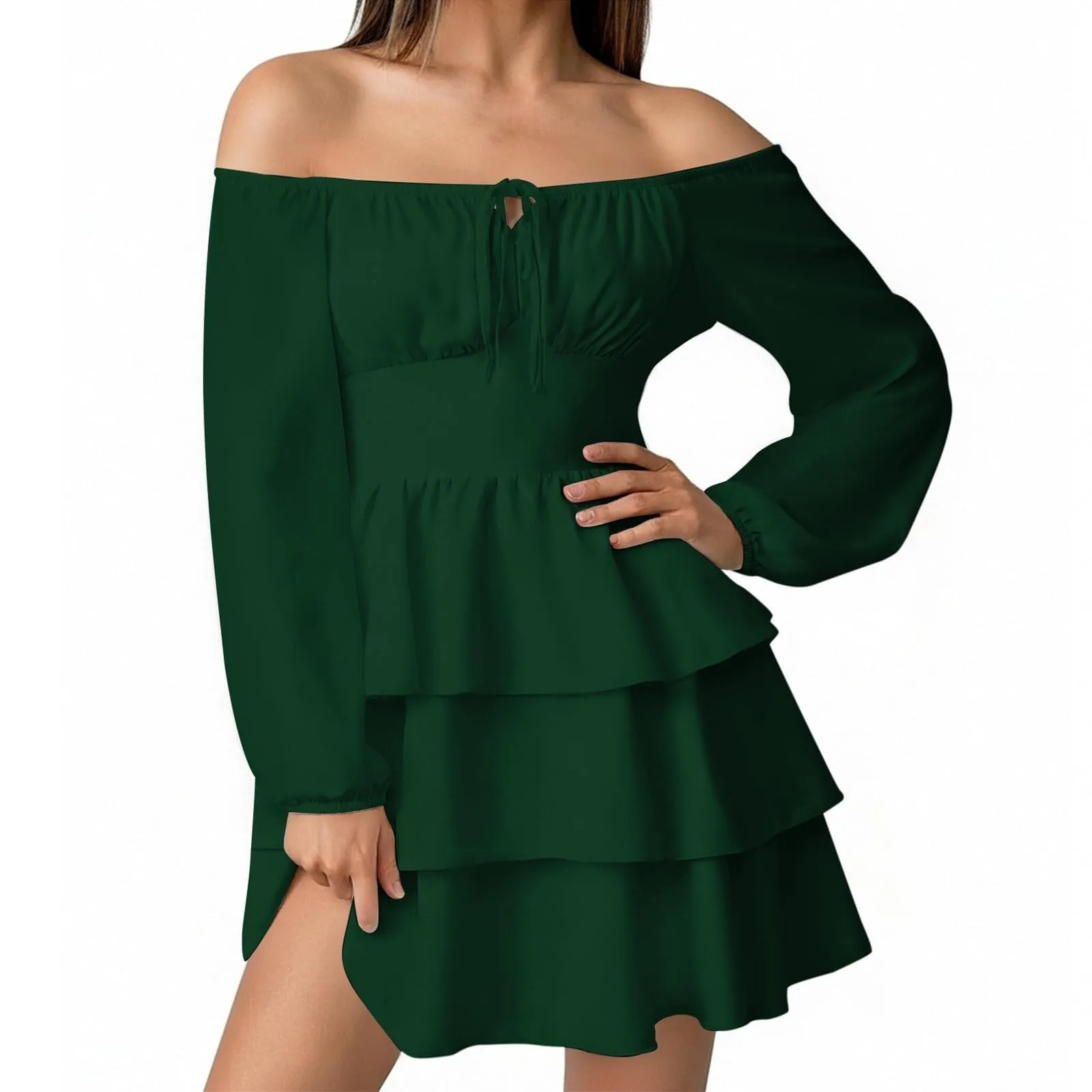 TOFOTL Vestito Donna Mini a Linea Svasata Monospalla con Volant Verde S - immagine 4