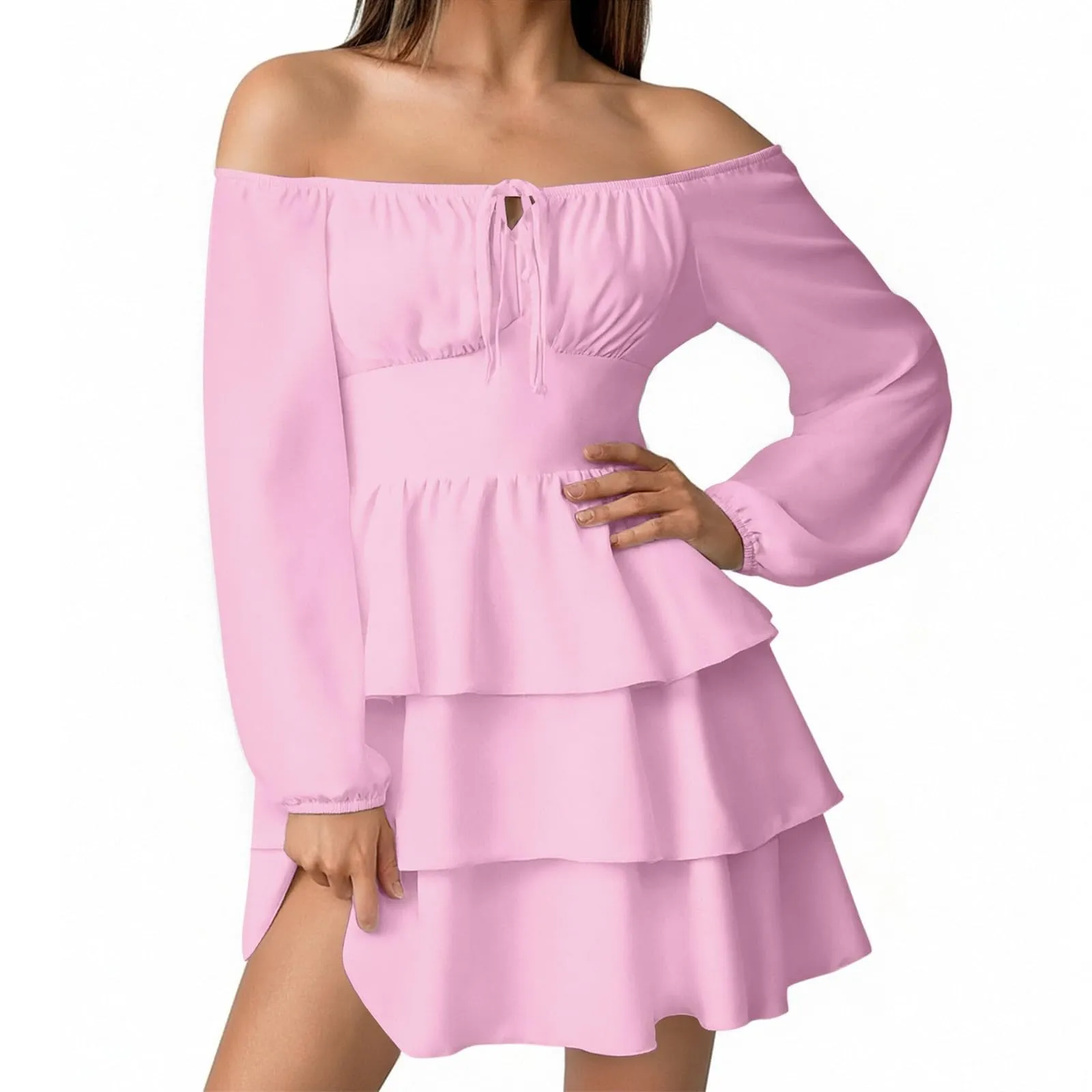 TOFOTL Abito Cerimonia Donna Curvy Monospalla con Volant Vita Alta Mini Linea Svasata Rosa XXL - immagine 1