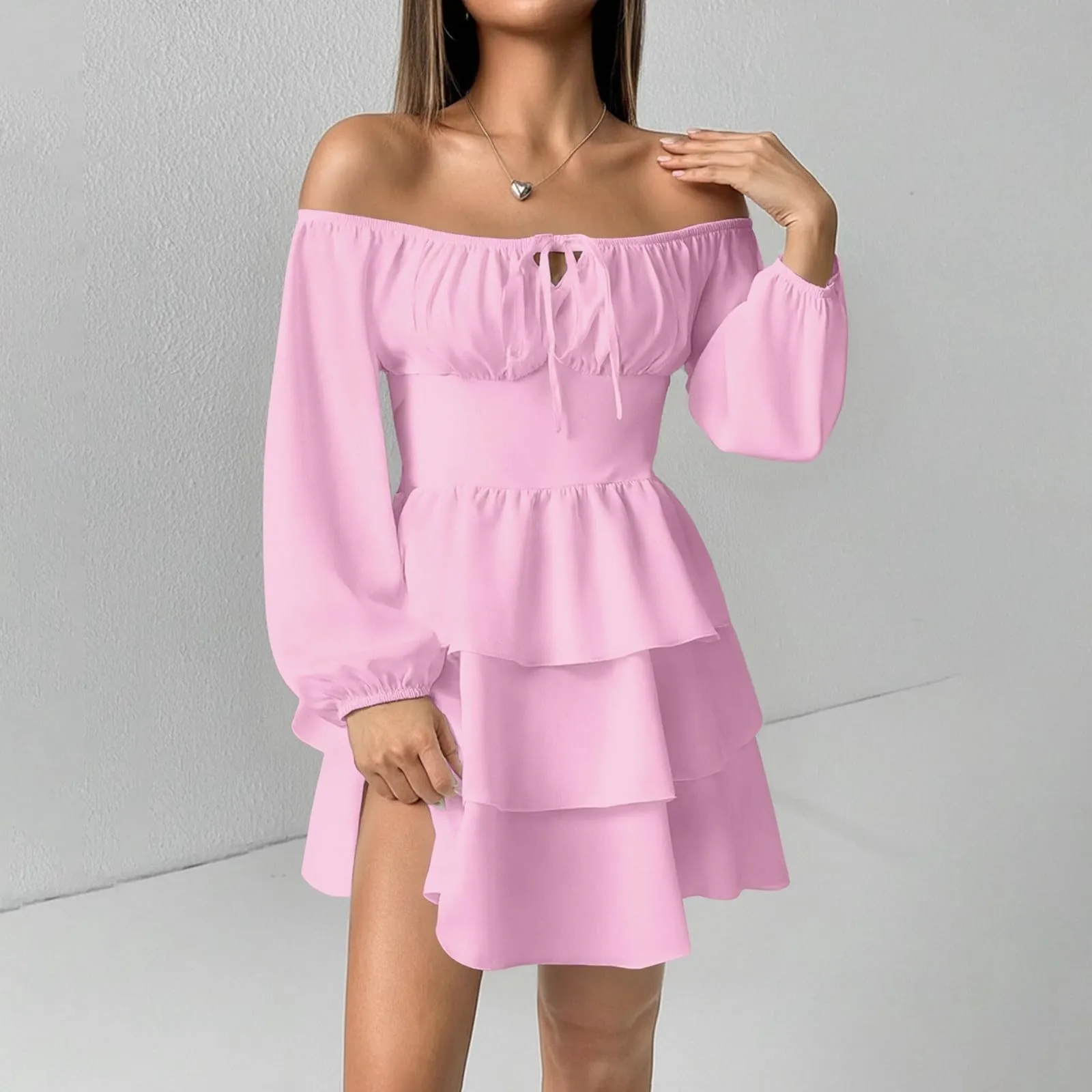 TOFOTL Abito Cerimonia Donna Curvy Monospalla con Volant Vita Alta Mini Linea Svasata Rosa XXL - immagine 8