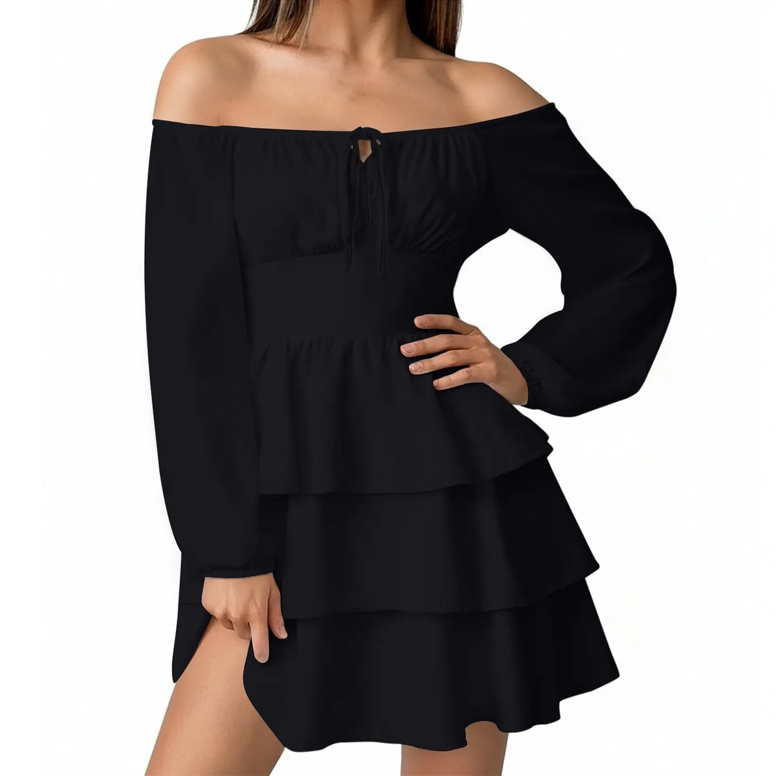 TOFOTL Abito Cocktail Donna Monospalla con Volant e Manica Lunga, Linea Svasata, Nero, XL - immagine 1