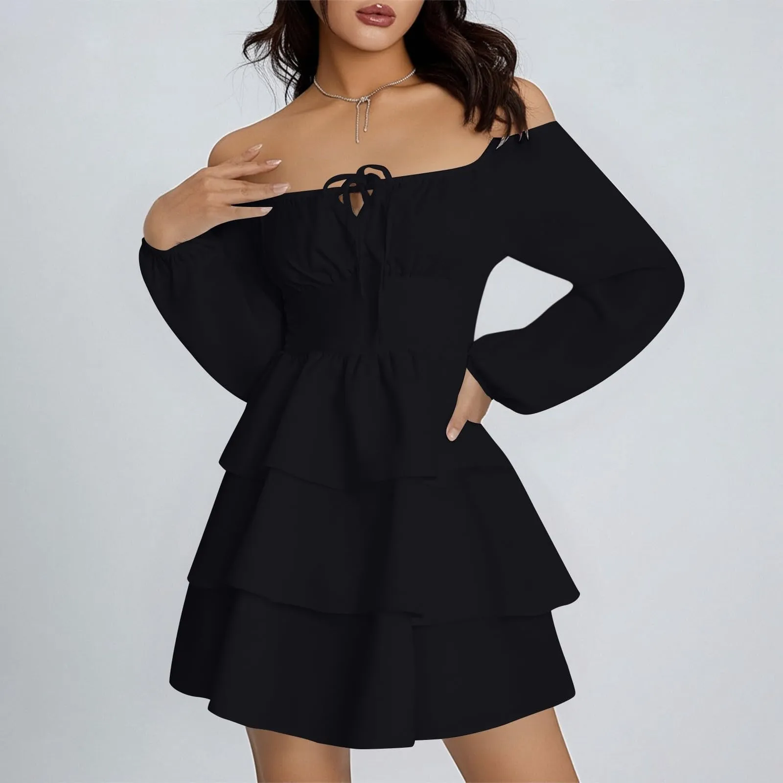 TOFOTL Abito Cocktail Donna Monospalla con Volant e Manica Lunga, Linea Svasata, Nero, XL - immagine 8