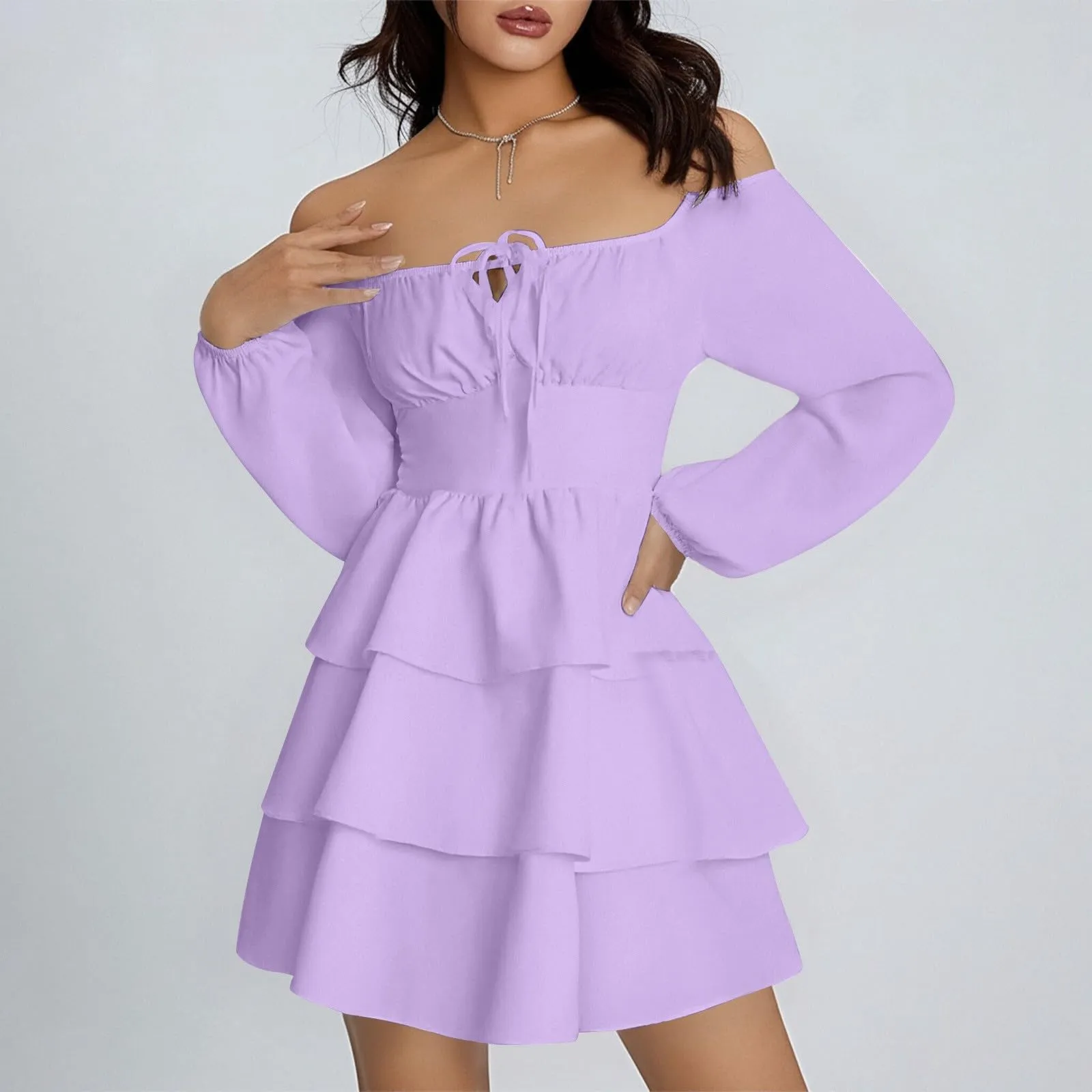 TOFOTL Vestito Donna Elegante Corto Mini Monospalla con Volant Viola L - immagine 8