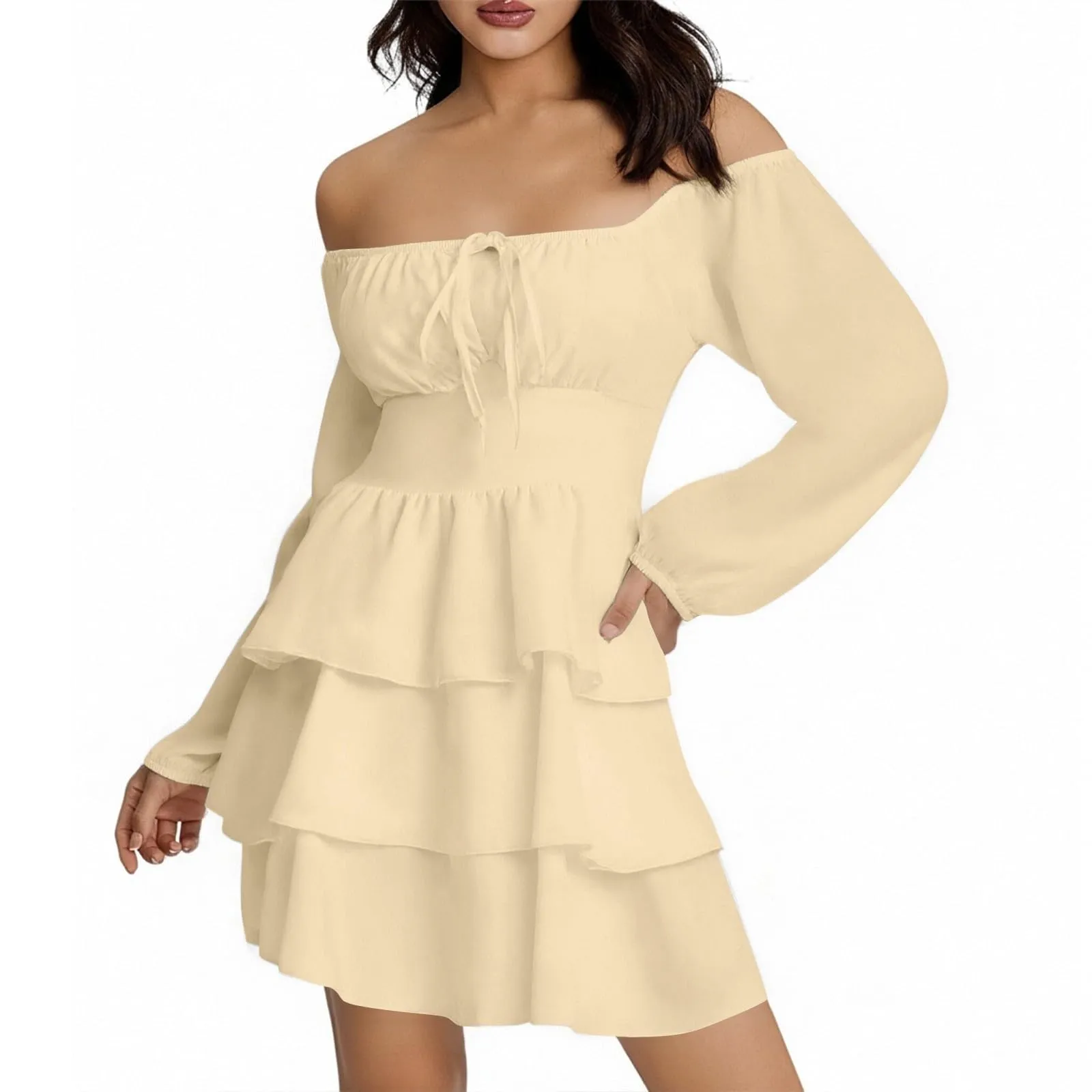TOFOTL Vestito Donna Monospalla a Linea Svasata con Volant, Giallo, XXL - immagine 2