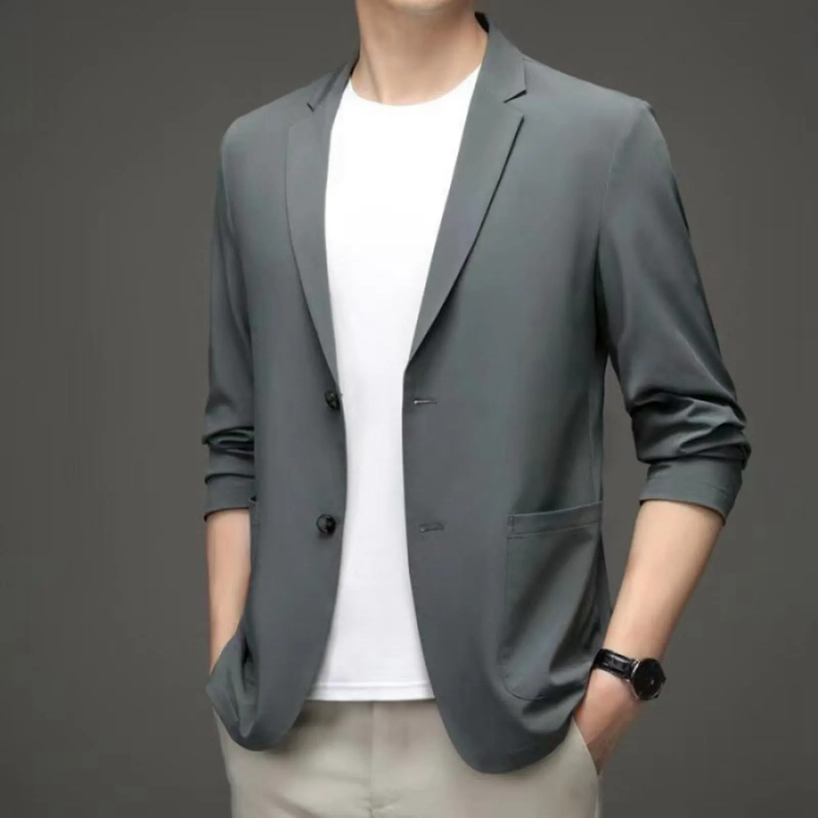 Giacca Blazer Uomo Slim Fit Formale Casual 1 Pulsante - Grey - immagine 3