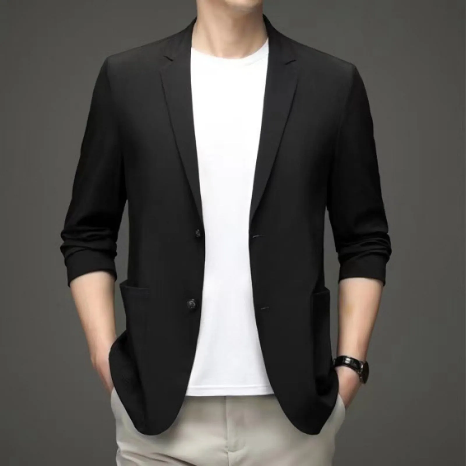 Blazer Sportivo da Uomo Elegante a Un Bottone Giacca Formale Casual con Risvolto a Tacca e Spacco Posteriore - Nero, 5XL - immagine 3