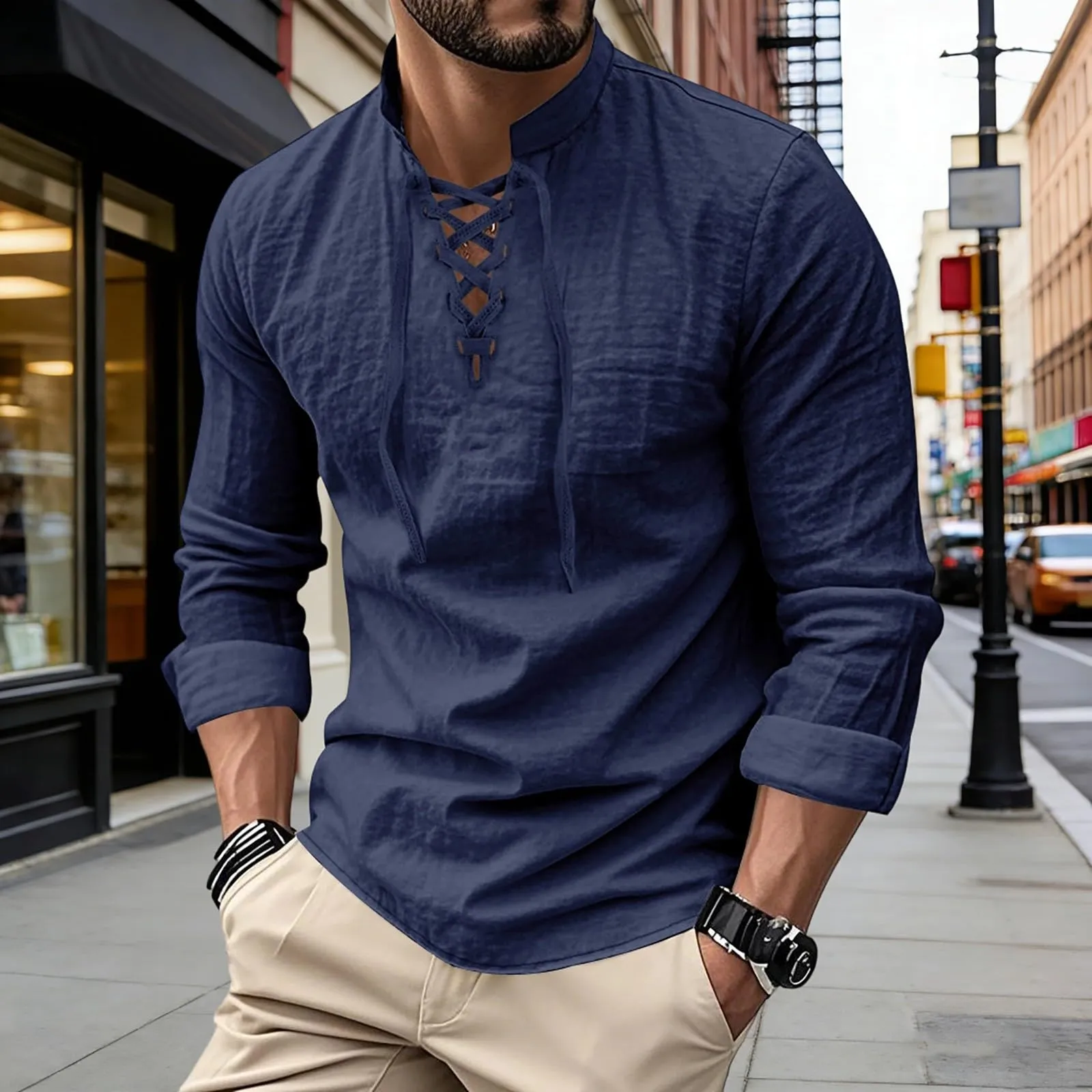 Duohropke Camicia da Uomo in Lino a Maniche Lunghe Stile Ghillie Kilt Tinta Unita - immagine 2