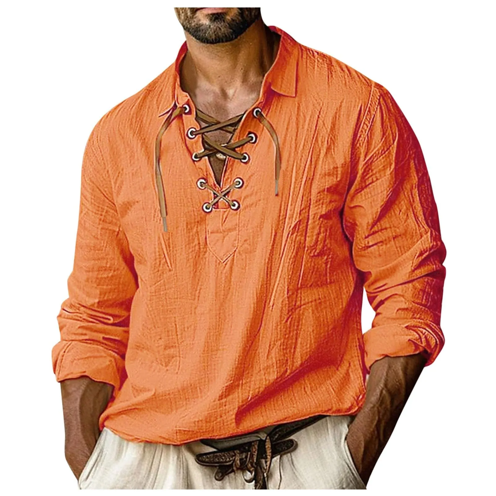 Duohropke Camicia in lino da uomo a maniche lunghe tinta unita rosso, L - immagine 1