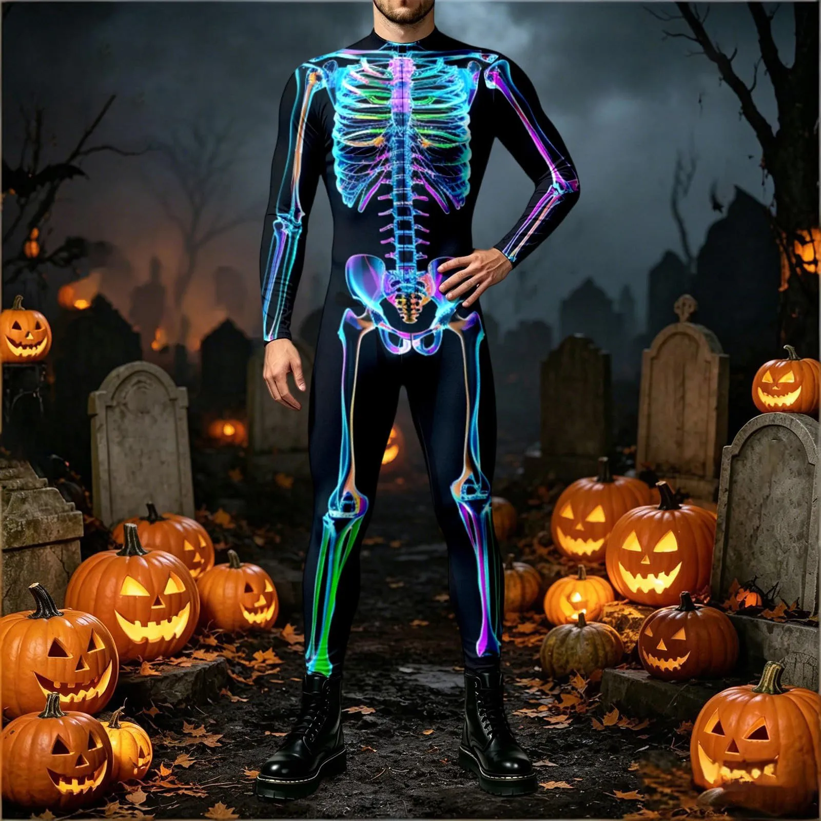 Vhersily Tuta da Donna Scheletro di Halloween Leggings Slim Fit Costume Cosplay 3D - immagine 2
