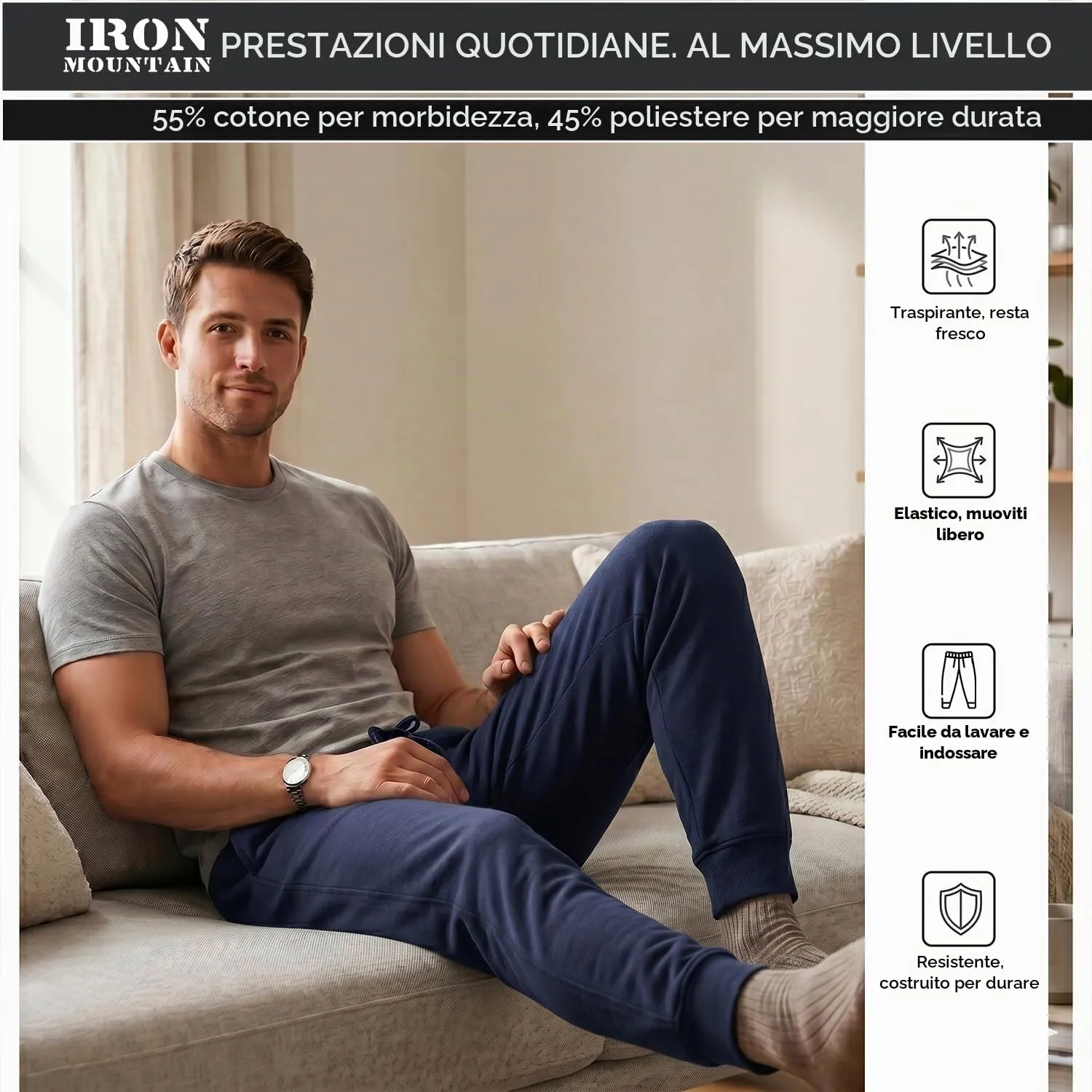 Iron Mountain Pantaloni Jogger Uomo in Felpa Misto Cotone, Marina Militare, M - immagine 7