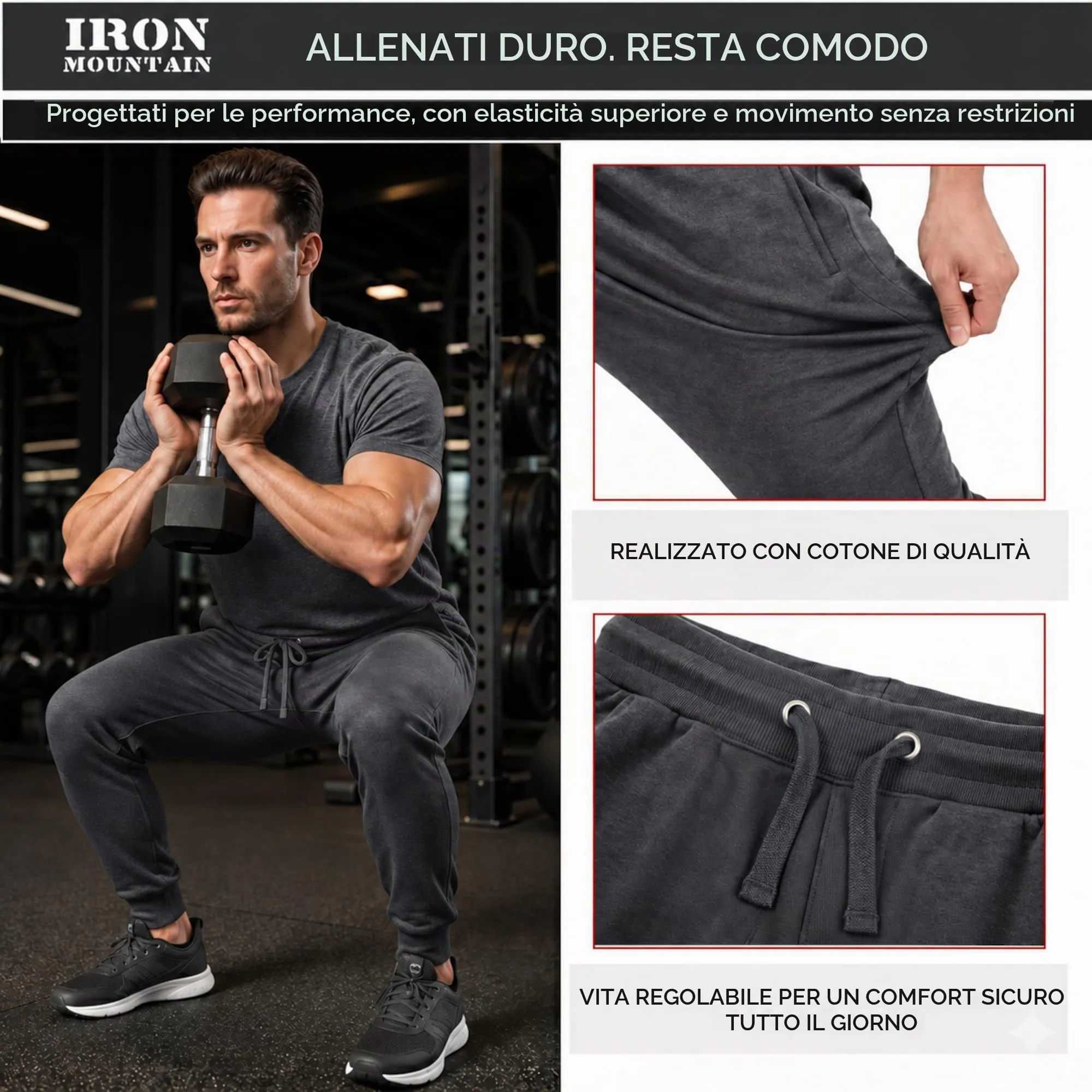 Iron Mountain Pantaloni Jogger Uomo in Felpa Misto Cotone, Anthracite, L - immagine 5