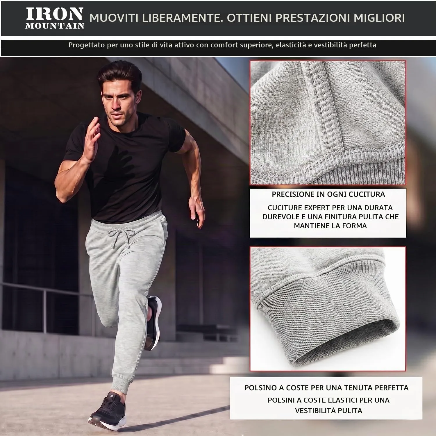 Iron Mountain Pantaloni Jogger Uomo in Felpa Misto Cotone, Grigio Chiaro, XXL - immagine 4