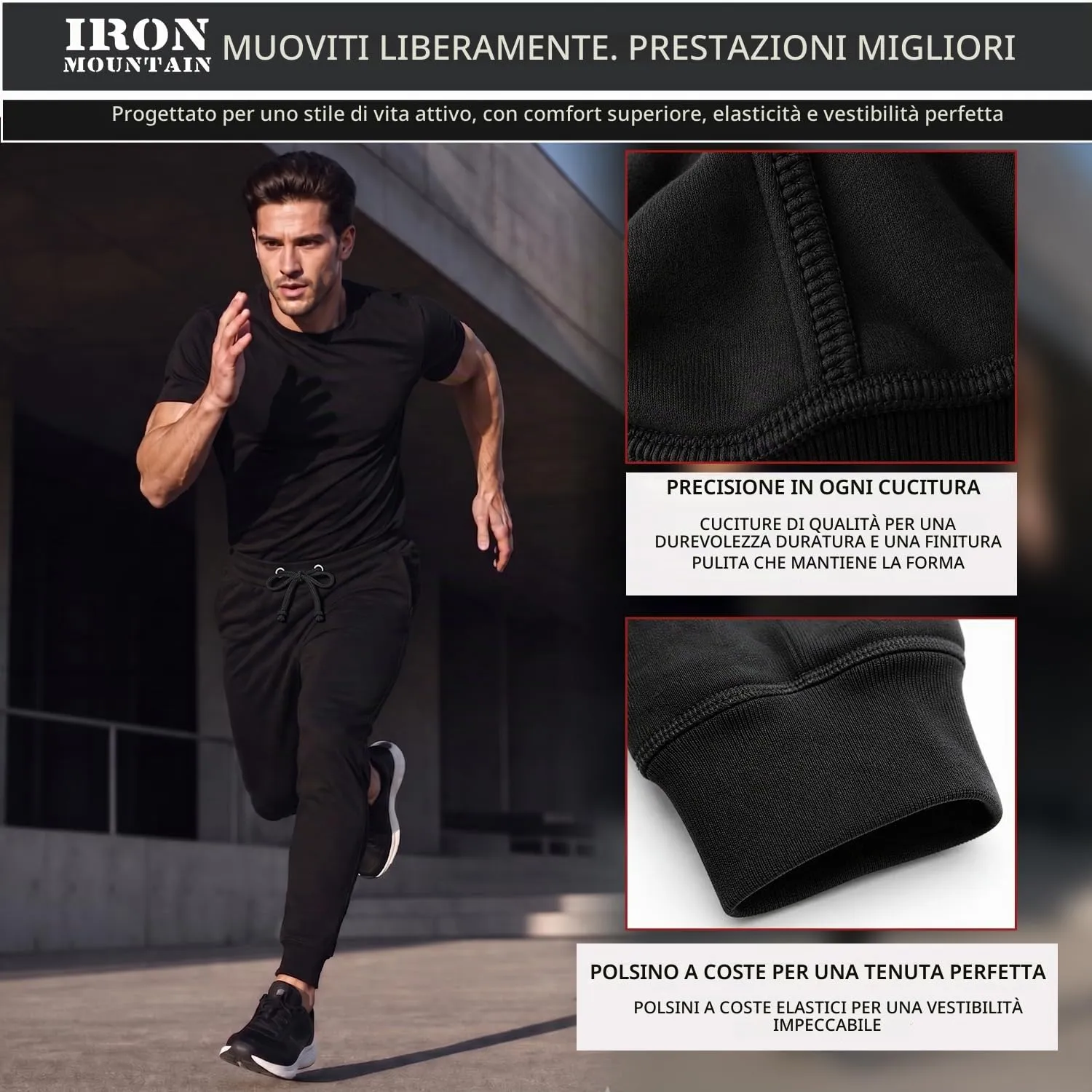 Iron Mountain Pantaloni Jogger Uomo in Felpa Misto Cotone, Nero, L - immagine 3