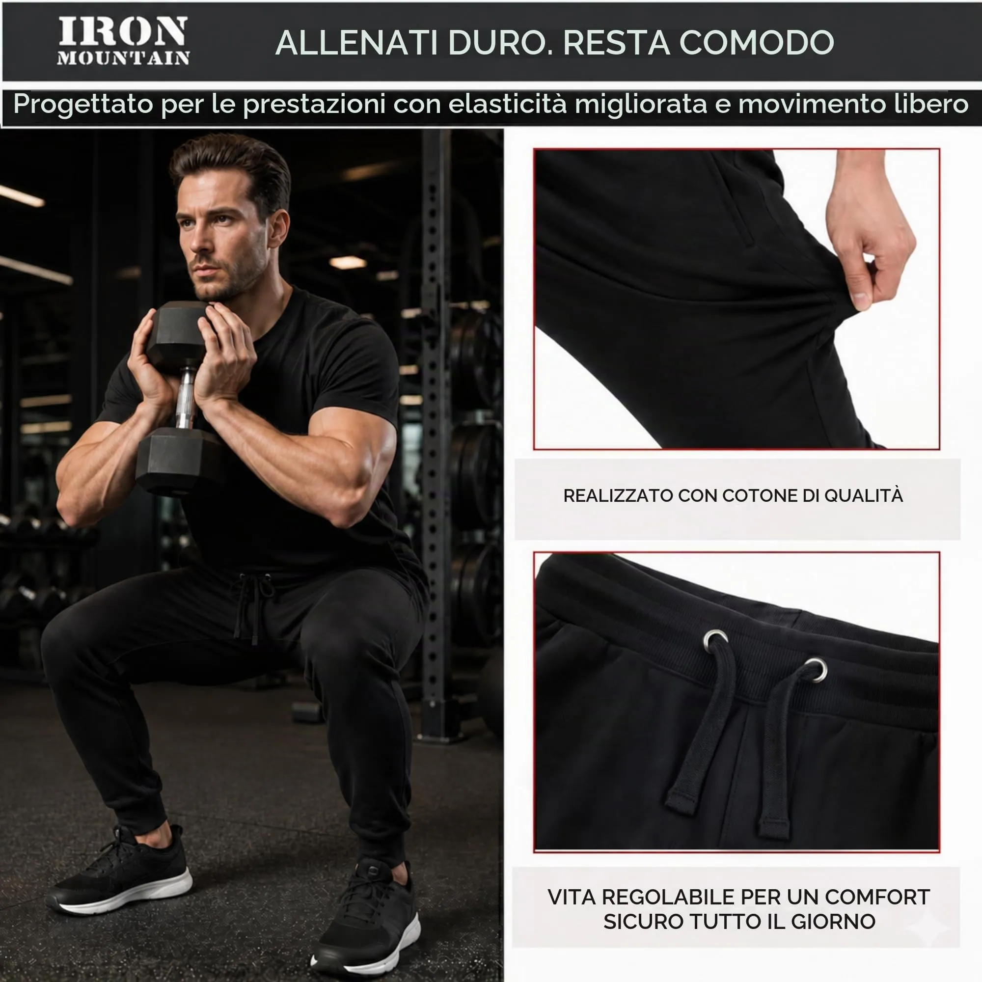 Iron Mountain Pantaloni Jogger Uomo in Felpa Misto Cotone, Nero, L - immagine 5