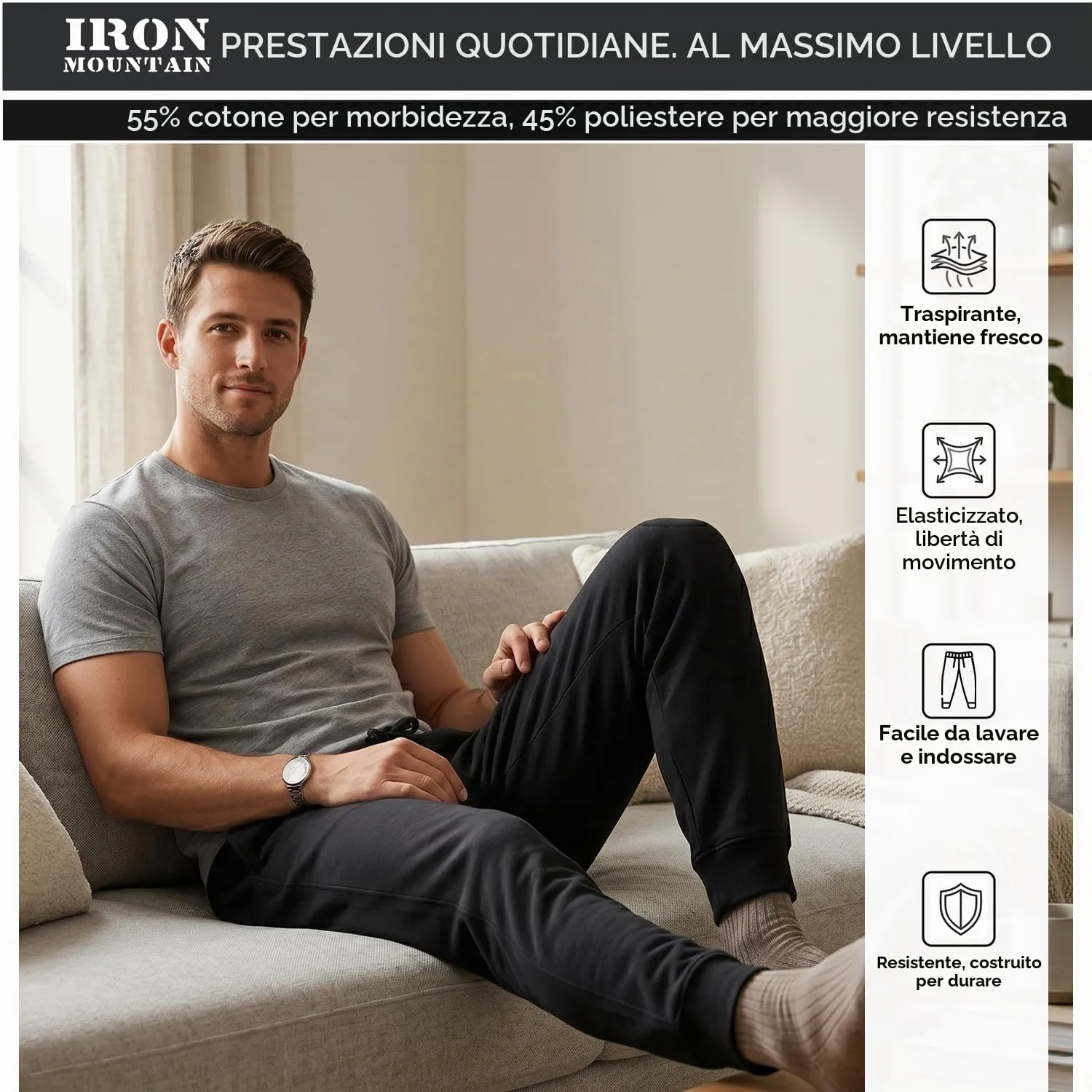 Iron Mountain Pantaloni Jogger Uomo in Felpa Misto Cotone, Nero, L - immagine 7