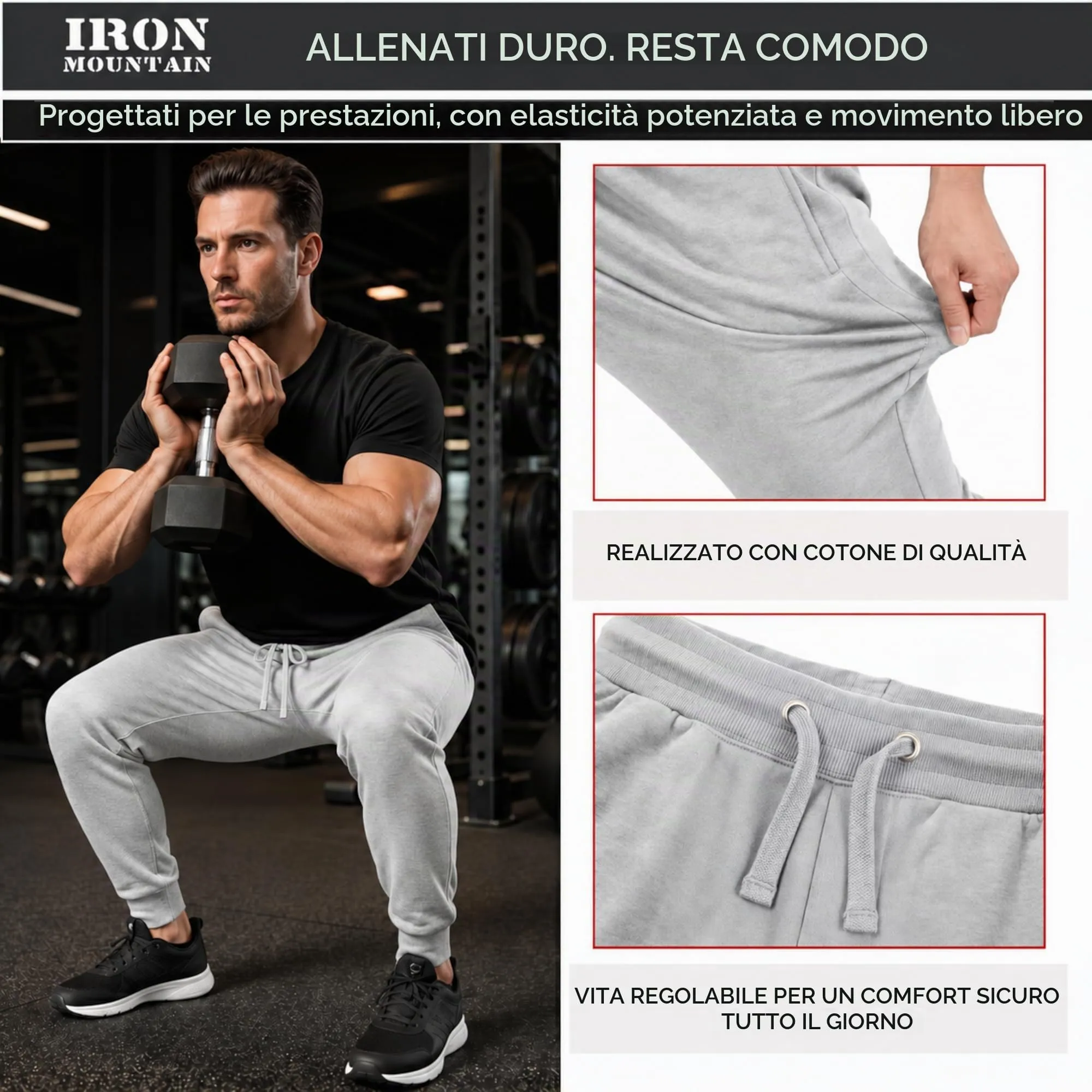 Iron Mountain Pantaloni Jogger Uomo in Felpa Misto Cotone, Grigio Chiaro, XL - immagine 6