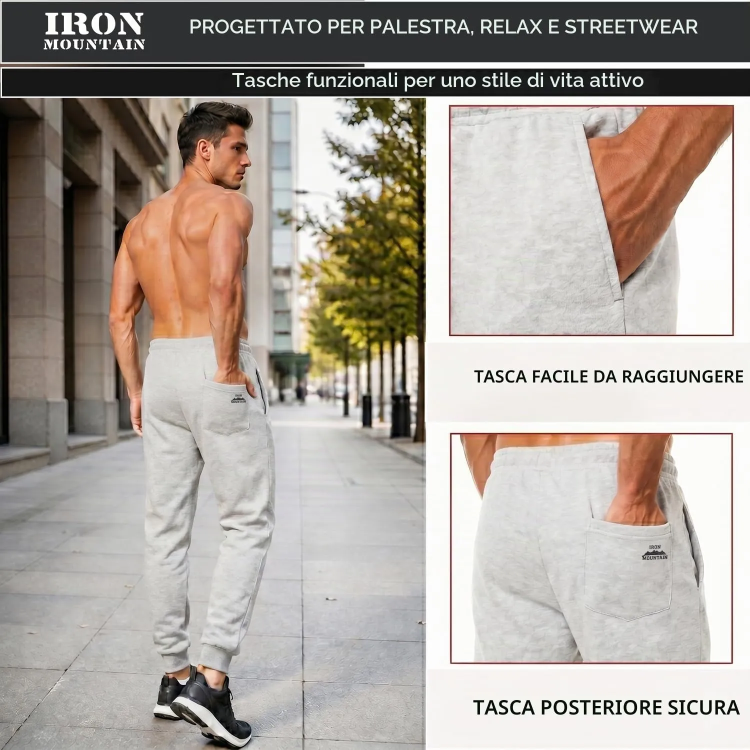 Iron Mountain Pantaloni Jogger Uomo in Felpa Misto Cotone, Grigio Chiaro, 3XL - immagine 7