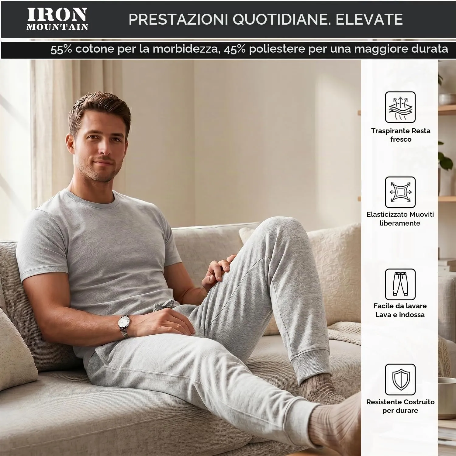 Iron Mountain Pantaloni Jogger Uomo in Felpa Misto Cotone, Grigio Chiaro, M - immagine 8