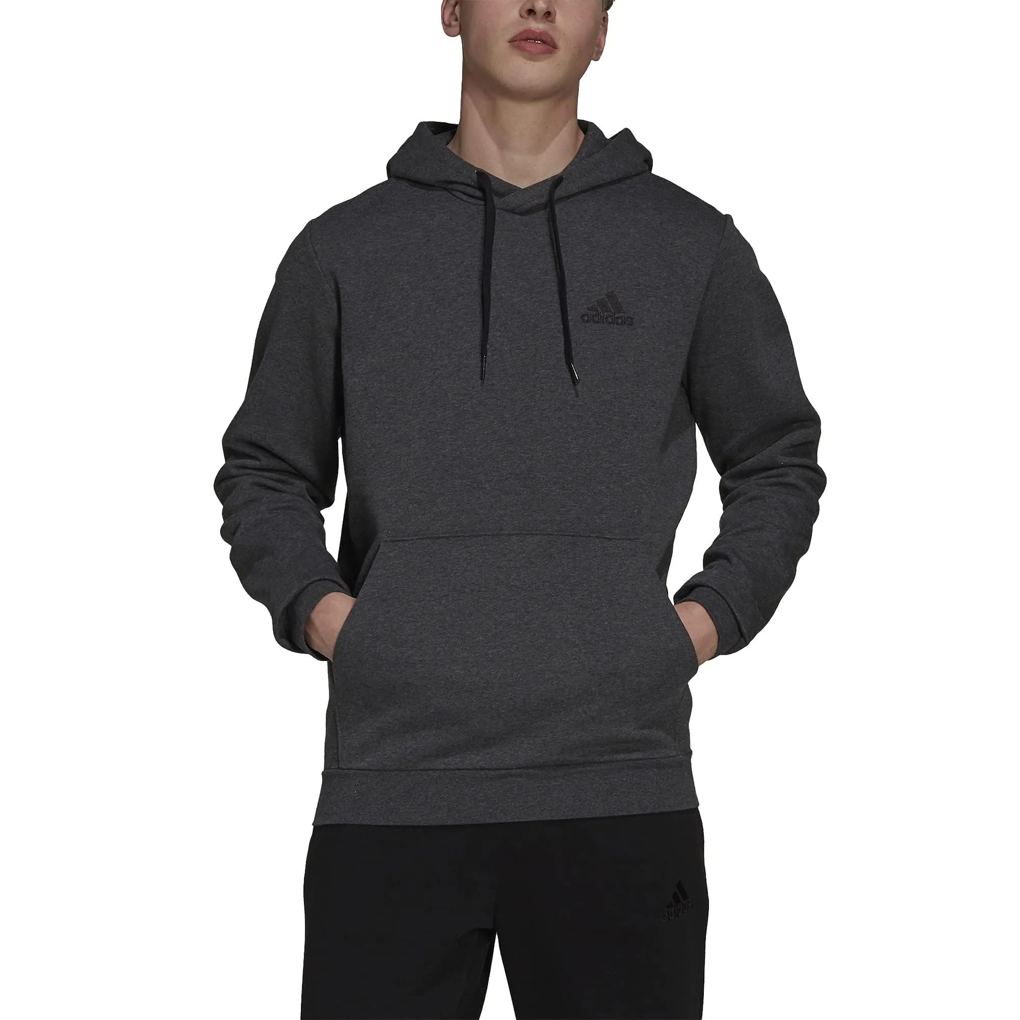 Adidas Feelcozy Pullover con Cappuccio da Uomo, Grigio Scuro mélange/Nero/Nero, M - immagine 2